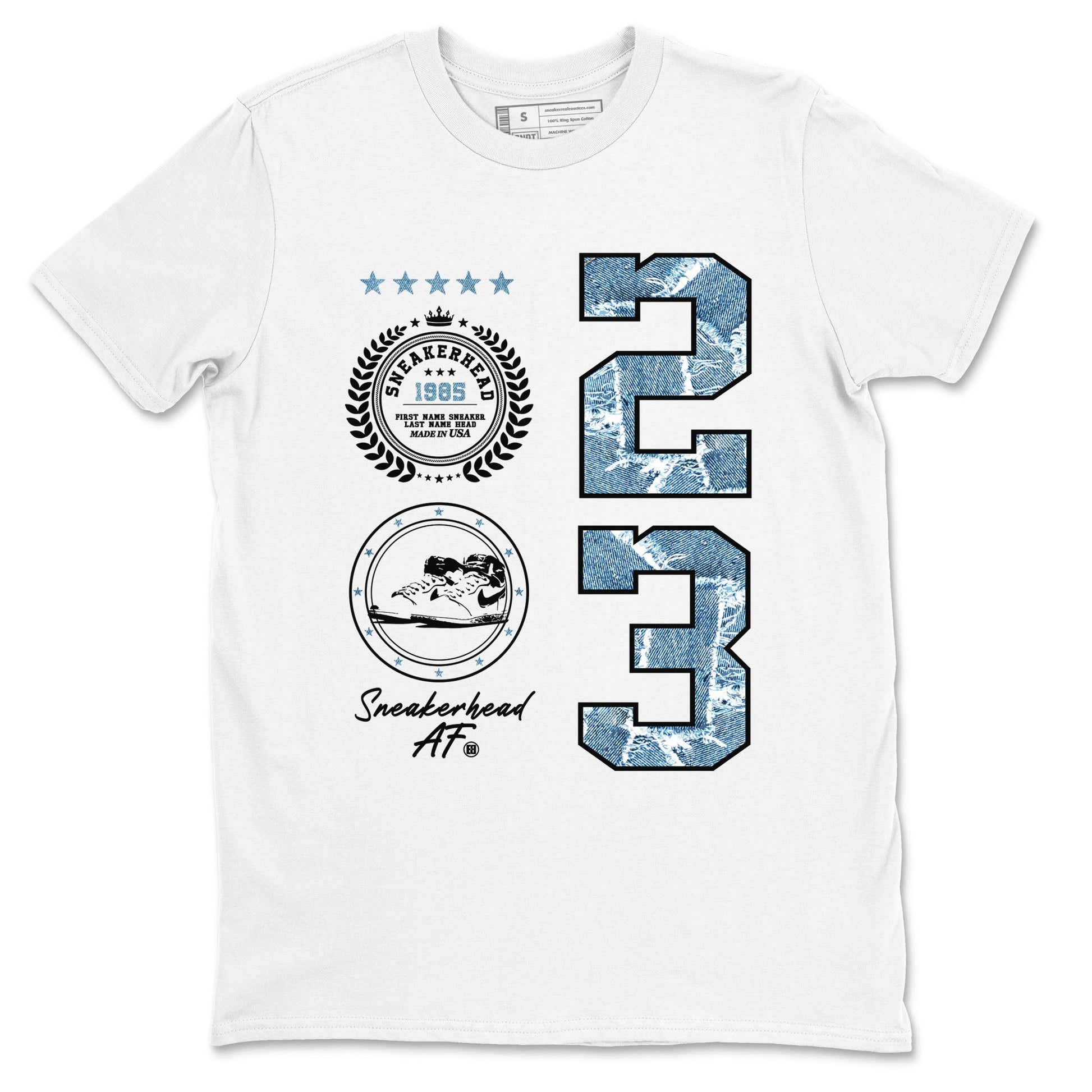 1s Denim shirt to match jordans Sneaker Emblem sneaker tees Air Jordan 1 Denim SNRT Sneaker Release Tees unisex cotton White 2 crew neck shirt