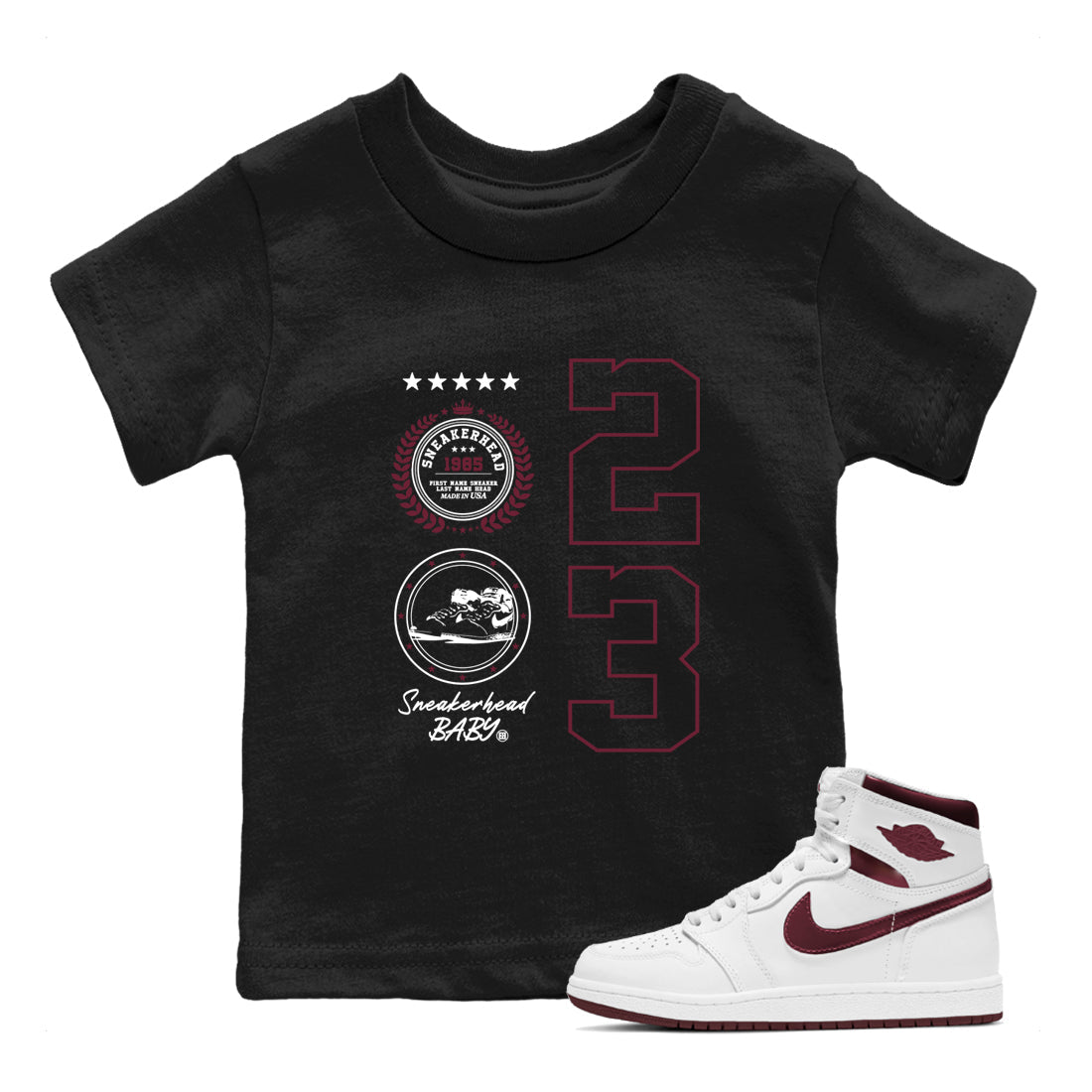 Air Jordan 1 High OG Metallic Burgundy shirts to match jordans Sneaker Emblem sneaker match tees Air Jordan 1 Metallic Burgundy SNRT Sneaker Tees streetwear brand Baby and Youth Black 1 cotton tee