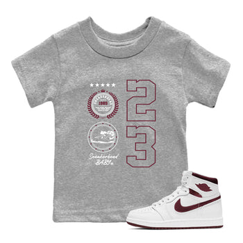 Air Jordan 1 High OG Metallic Burgundy shirts to match jordans Sneaker Emblem sneaker match tees Air Jordan 1 Metallic Burgundy SNRT Sneaker Tees streetwear brand Baby and Youth Heather Grey 1 cotton tee