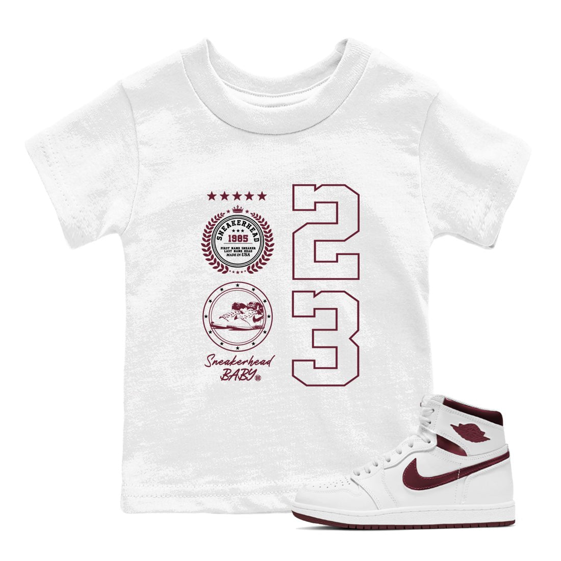 Air Jordan 1 High OG Metallic Burgundy shirts to match jordans Sneaker Emblem sneaker match tees Air Jordan 1 Metallic Burgundy SNRT Sneaker Tees streetwear brand Baby and Youth White 1 cotton tee