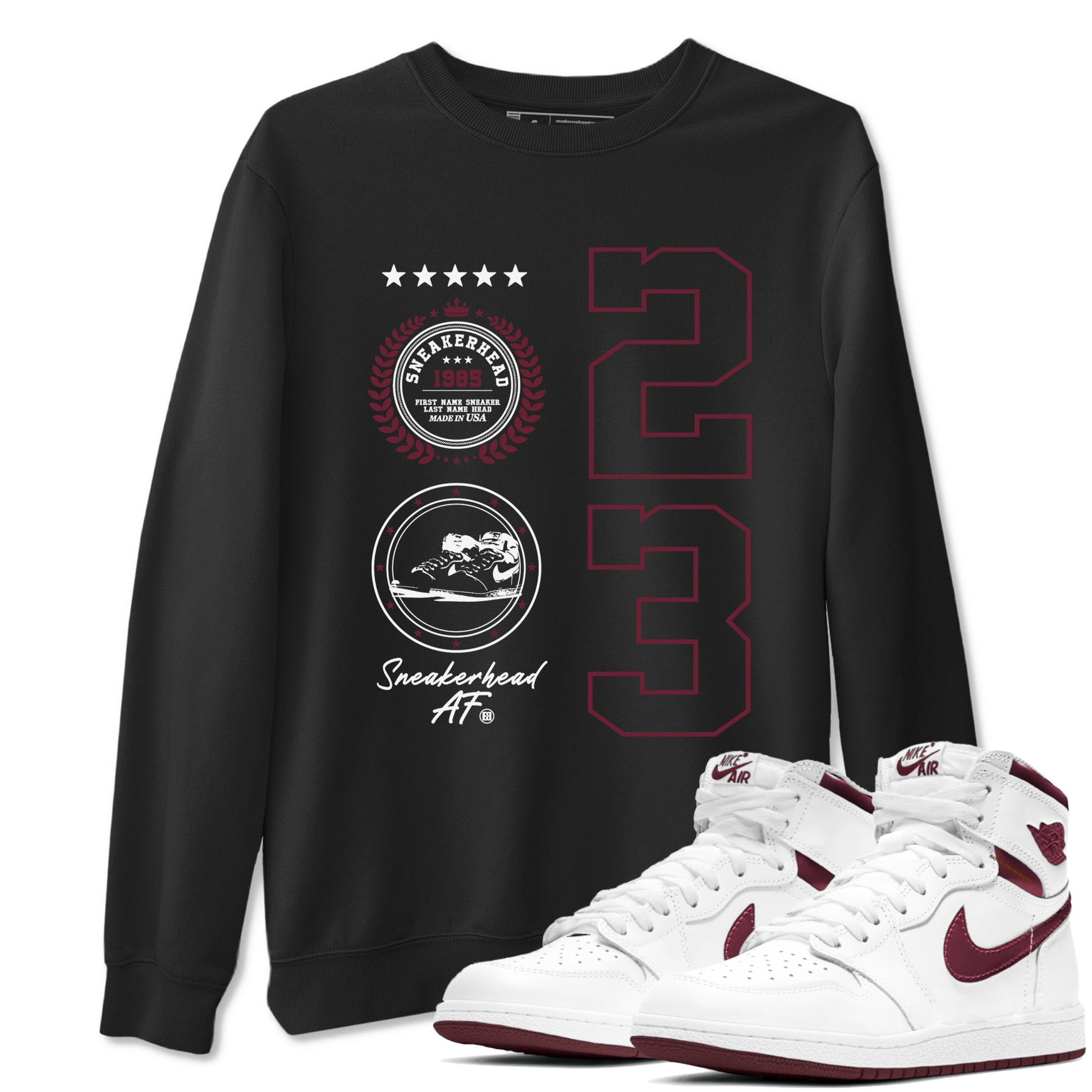 Air Jordan 1 High OG Metallic Burgundy shirts to match jordans Sneaker Emblem sneaker match tees Air Jordan 1 Metallic Burgundy SNRT Sneaker Tees streetwear brand Black 1 unisex cotton tee