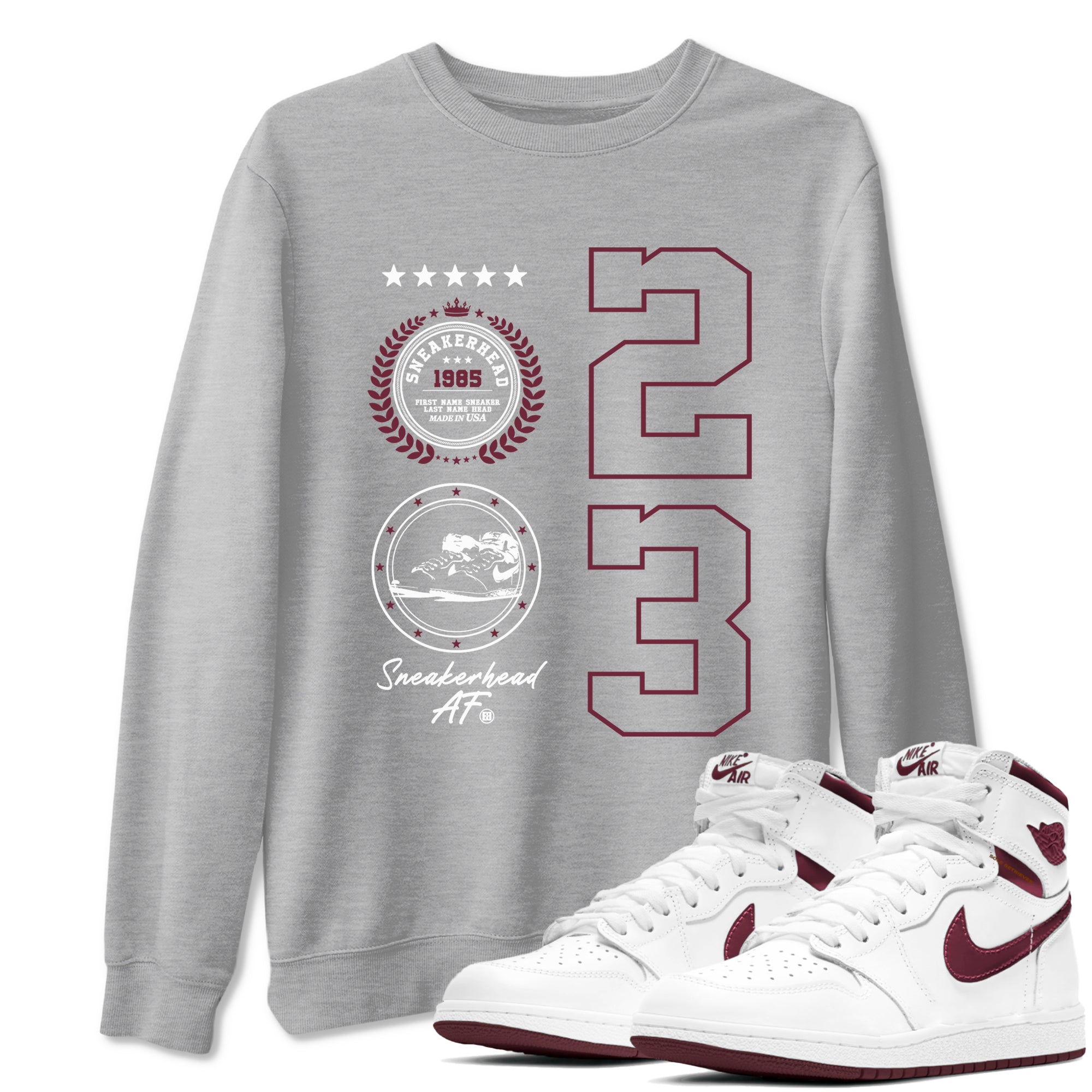 Air Jordan 1 High OG Metallic Burgundy shirts to match jordans Sneaker Emblem sneaker match tees Air Jordan 1 Metallic Burgundy SNRT Sneaker Tees streetwear brand Heather Grey 1 unisex cotton tee