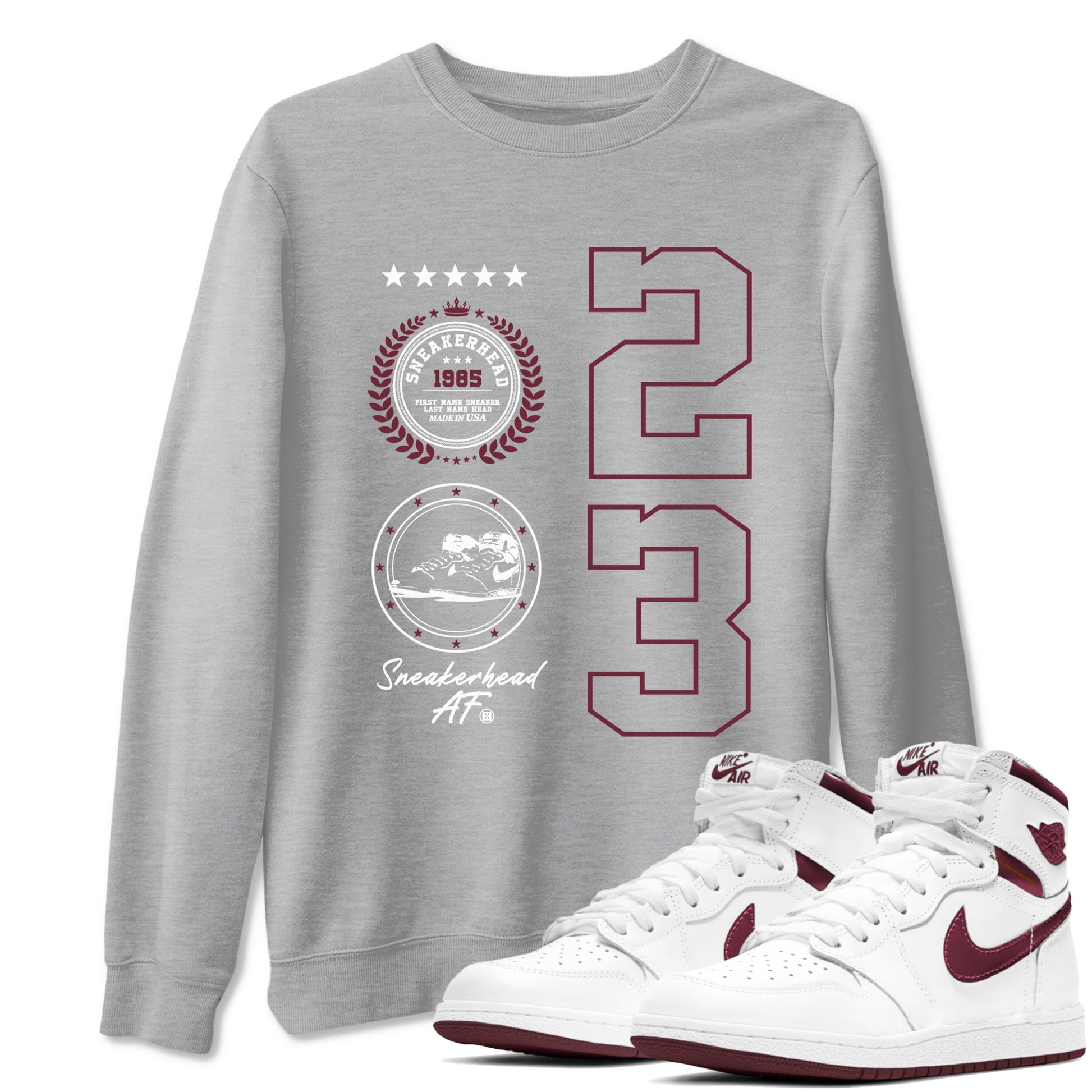 Air Jordan 1 High OG Metallic Burgundy shirts to match jordans Sneaker Emblem sneaker match tees Air Jordan 1 Metallic Burgundy SNRT Sneaker Tees streetwear brand Heather Grey 1 unisex cotton tee