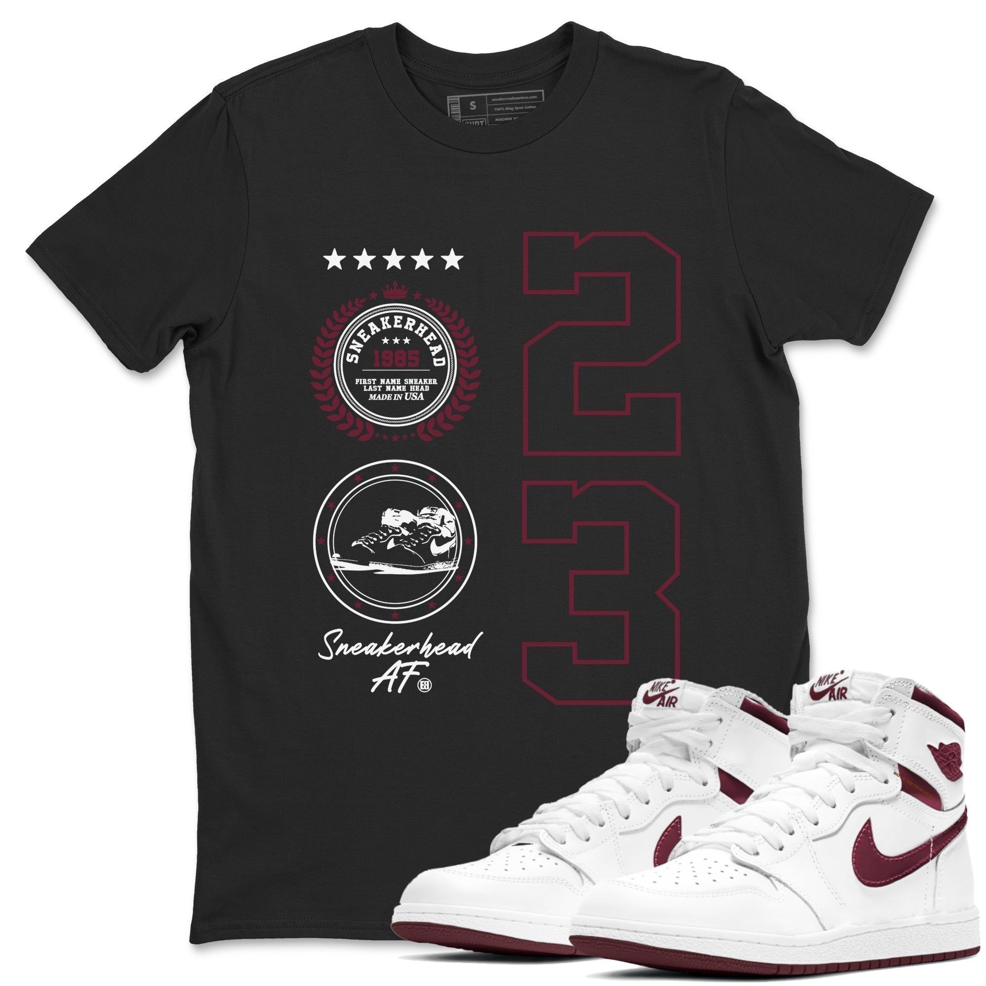 Air Jordan 1 High OG Metallic Burgundy shirts to match jordans Sneaker Emblem sneaker match tees Air Jordan 1 Metallic Burgundy SNRT Sneaker Tees streetwear brand Black 1 unisex cotton tee