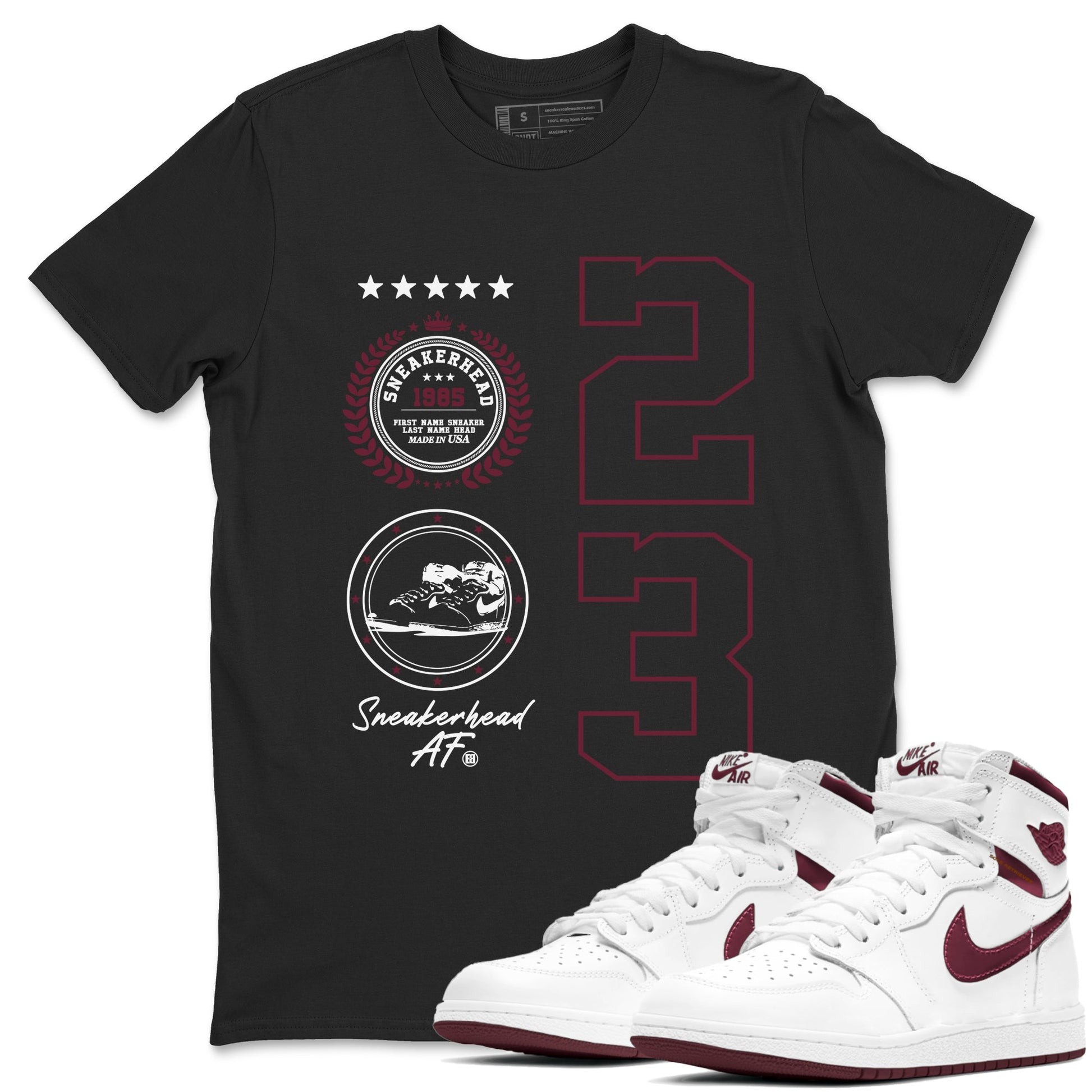 Air Jordan 1 High OG Metallic Burgundy shirts to match jordans Sneaker Emblem sneaker match tees Air Jordan 1 Metallic Burgundy SNRT Sneaker Tees streetwear brand Black 1 unisex cotton tee