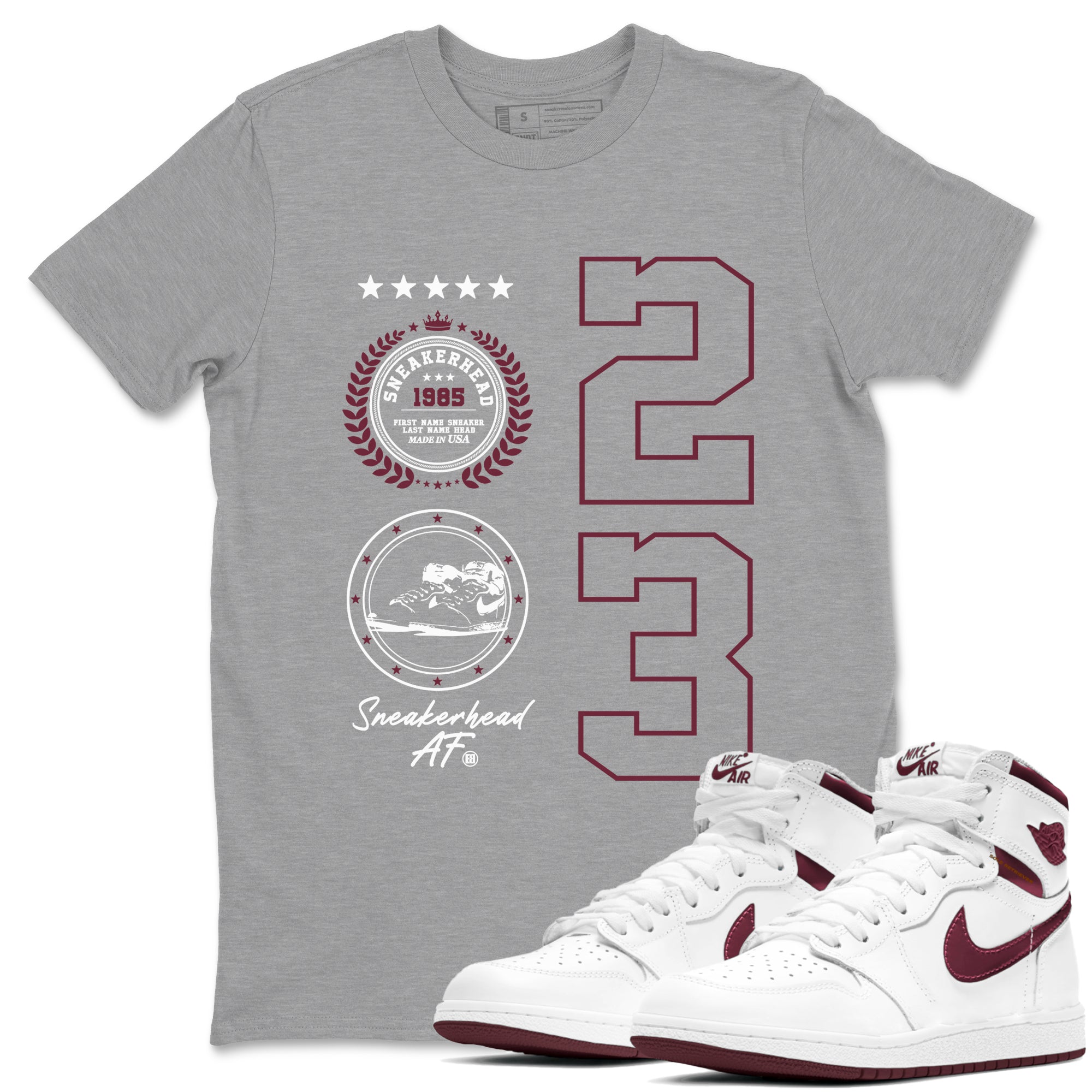 Air Jordan 1 High OG Metallic Burgundy shirts to match jordans Sneaker Emblem sneaker match tees Air Jordan 1 Metallic Burgundy SNRT Sneaker Tees streetwear brand Heather Grey 1 unisex cotton tee