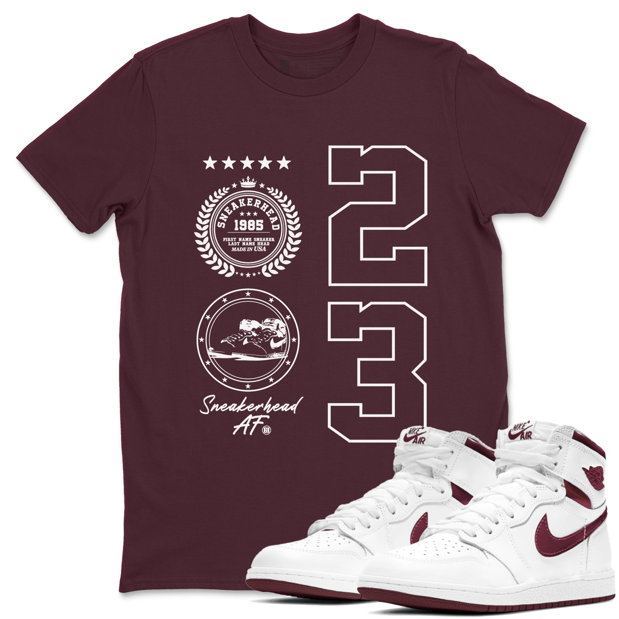 Air Jordan 1 High OG Metallic Burgundy shirts to match jordans Sneaker Emblem sneaker match tees Air Jordan 1 Metallic Burgundy SNRT Sneaker Tees streetwear brand Maroon 1 unisex cotton tee