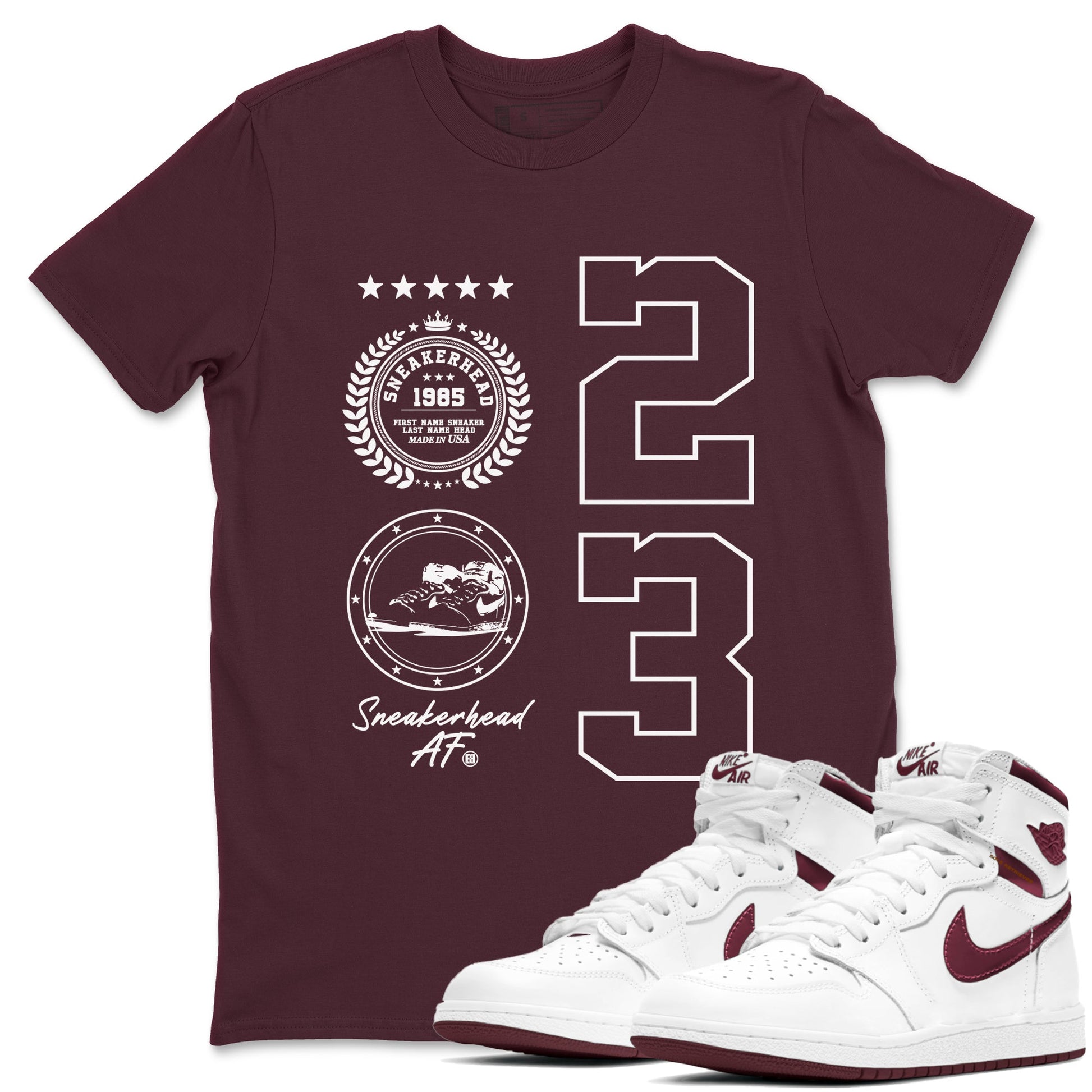 Air Jordan 1 High OG Metallic Burgundy shirts to match jordans Sneaker Emblem sneaker match tees Air Jordan 1 Metallic Burgundy SNRT Sneaker Tees streetwear brand Maroon 1 unisex cotton tee