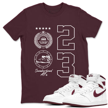 Air Jordan 1 High OG Metallic Burgundy shirts to match jordans Sneaker Emblem sneaker match tees Air Jordan 1 Metallic Burgundy SNRT Sneaker Tees streetwear brand Maroon 1 unisex cotton tee