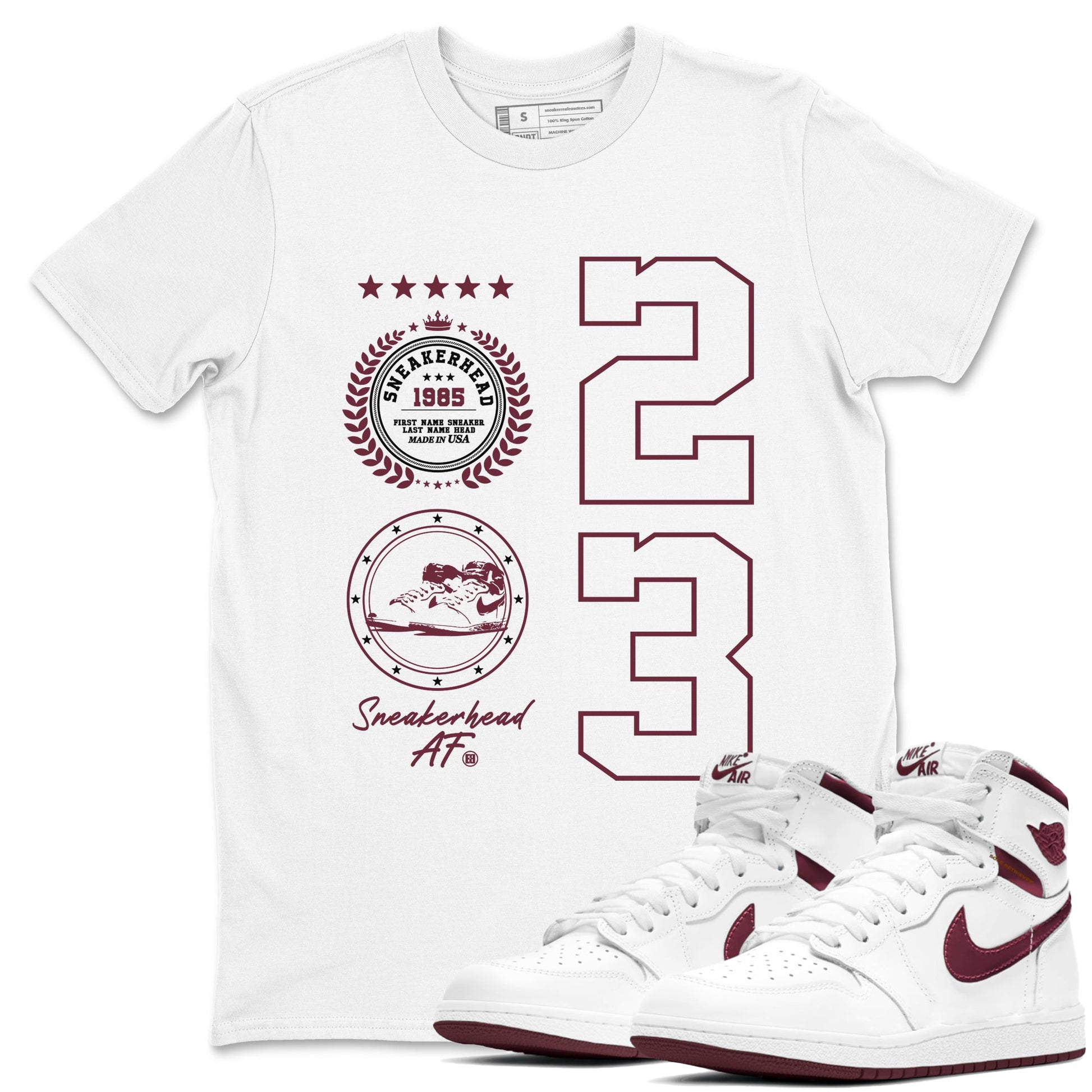 Air Jordan 1 High OG Metallic Burgundy shirts to match jordans Sneaker Emblem sneaker match tees Air Jordan 1 Metallic Burgundy SNRT Sneaker Tees streetwear brand White 1 unisex cotton tee