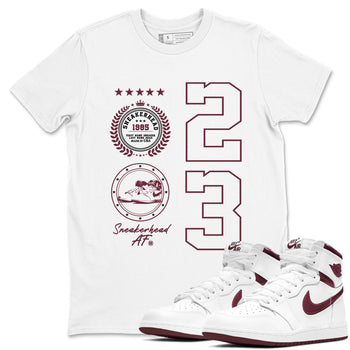 Air Jordan 1 High OG Metallic Burgundy shirts to match jordans Sneaker Emblem sneaker match tees Air Jordan 1 Metallic Burgundy SNRT Sneaker Tees streetwear brand White 1 unisex cotton tee