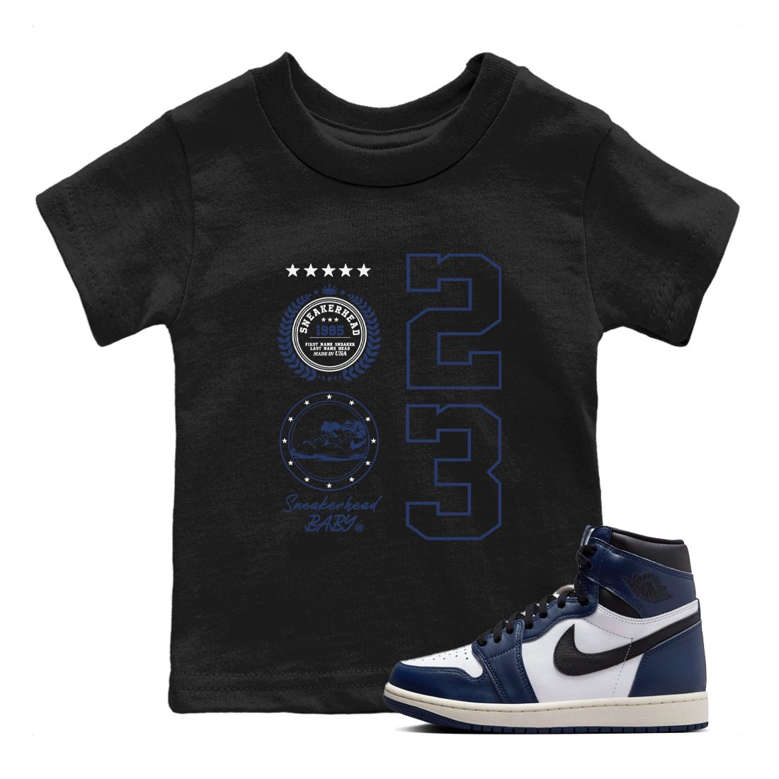 1s Midnight Navy shirts to match jordans Sneaker Emblem sneaker match tees Air Jordan 1 Midnight Navy match shoes to clothes SNRT Sneaker Tees Youth Baby Black 1 tee