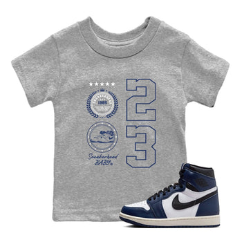 1s Midnight Navy shirts to match jordans Sneaker Emblem sneaker match tees Air Jordan 1 Midnight Navy match shoes to clothes SNRT Sneaker Tees Youth Baby Heather Grey 1 tee