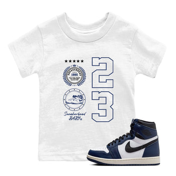 1s Midnight Navy shirts to match jordans Sneaker Emblem sneaker match tees Air Jordan 1 Midnight Navy match shoes to clothes SNRT Sneaker Tees Youth Baby White 1 tee