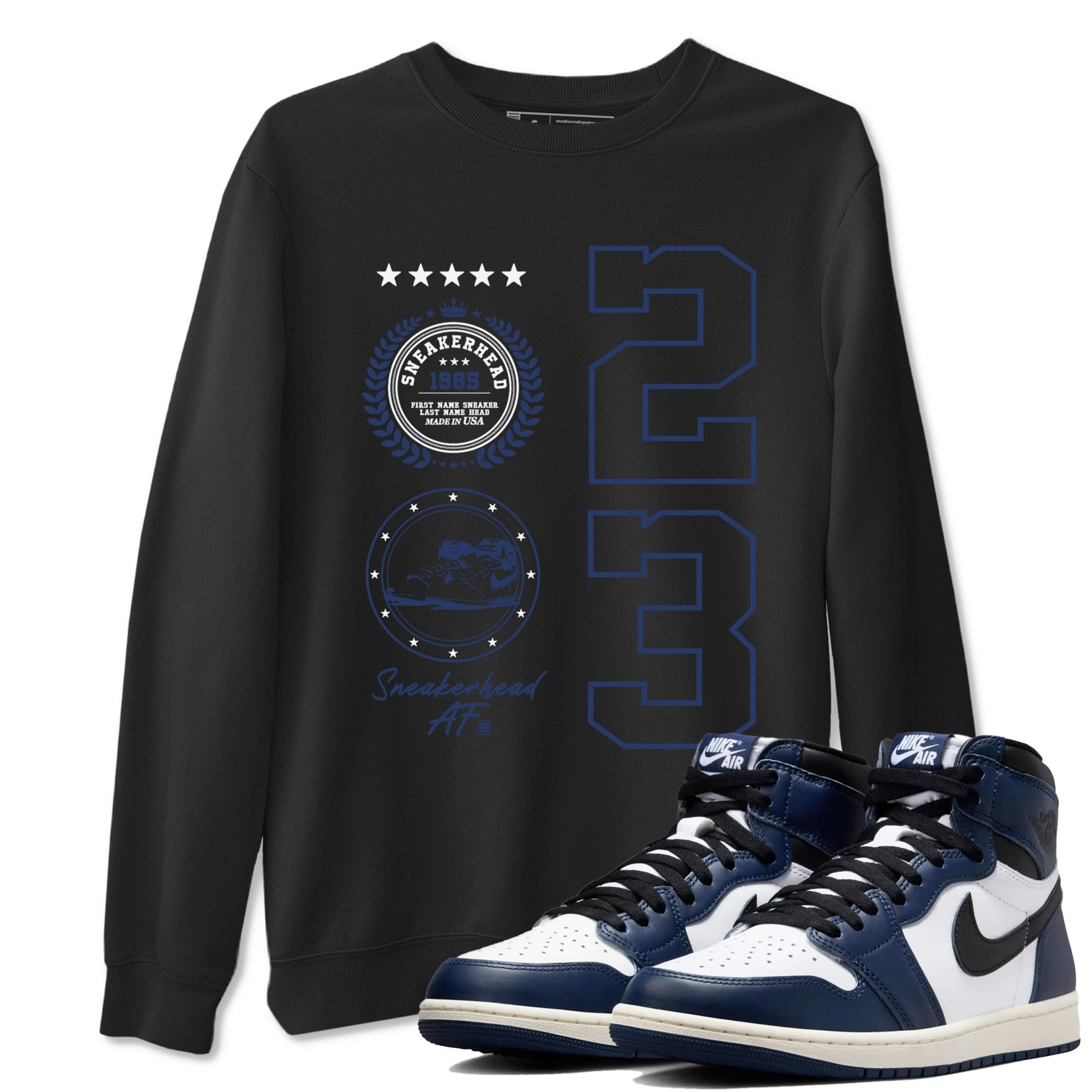 1s Midnight Navy shirts to match jordans Sneaker Emblem sneaker match tees Air Jordan 1 Midnight Navy match shoes to clothes SNRT Sneaker Tees unisex cotton Black 1 shirts