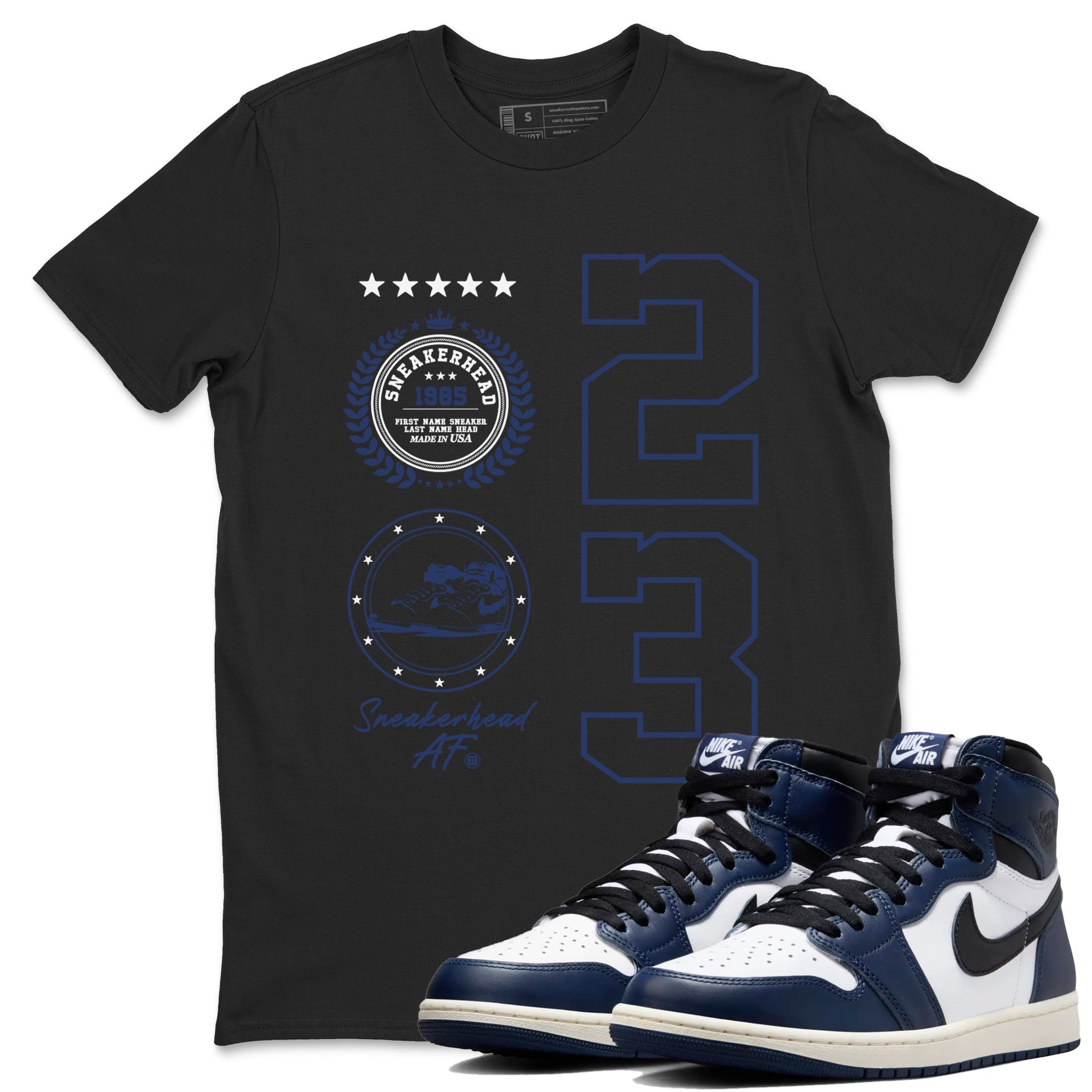 1s Midnight Navy shirts to match jordans Sneaker Emblem sneaker match tees Air Jordan 1 Midnight Navy match shoes to clothes SNRT Sneaker Tees unisex cotton Black 1 shirts