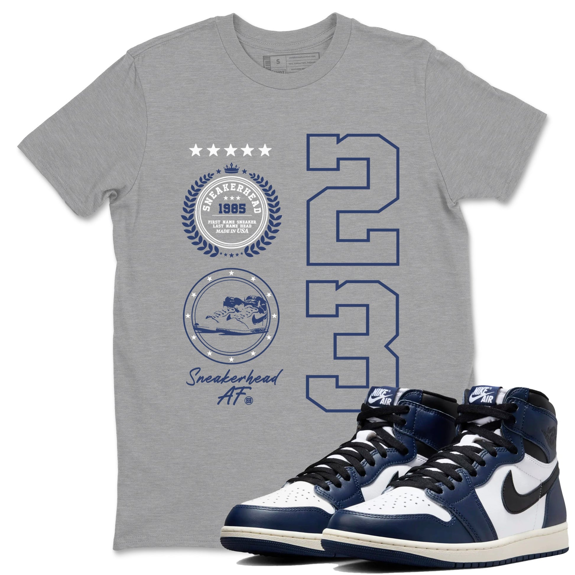 1s Midnight Navy shirts to match jordans Sneaker Emblem sneaker match tees Air Jordan 1 Midnight Navy match shoes to clothes SNRT Sneaker Tees unisex cotton Heather Grey 1 shirts