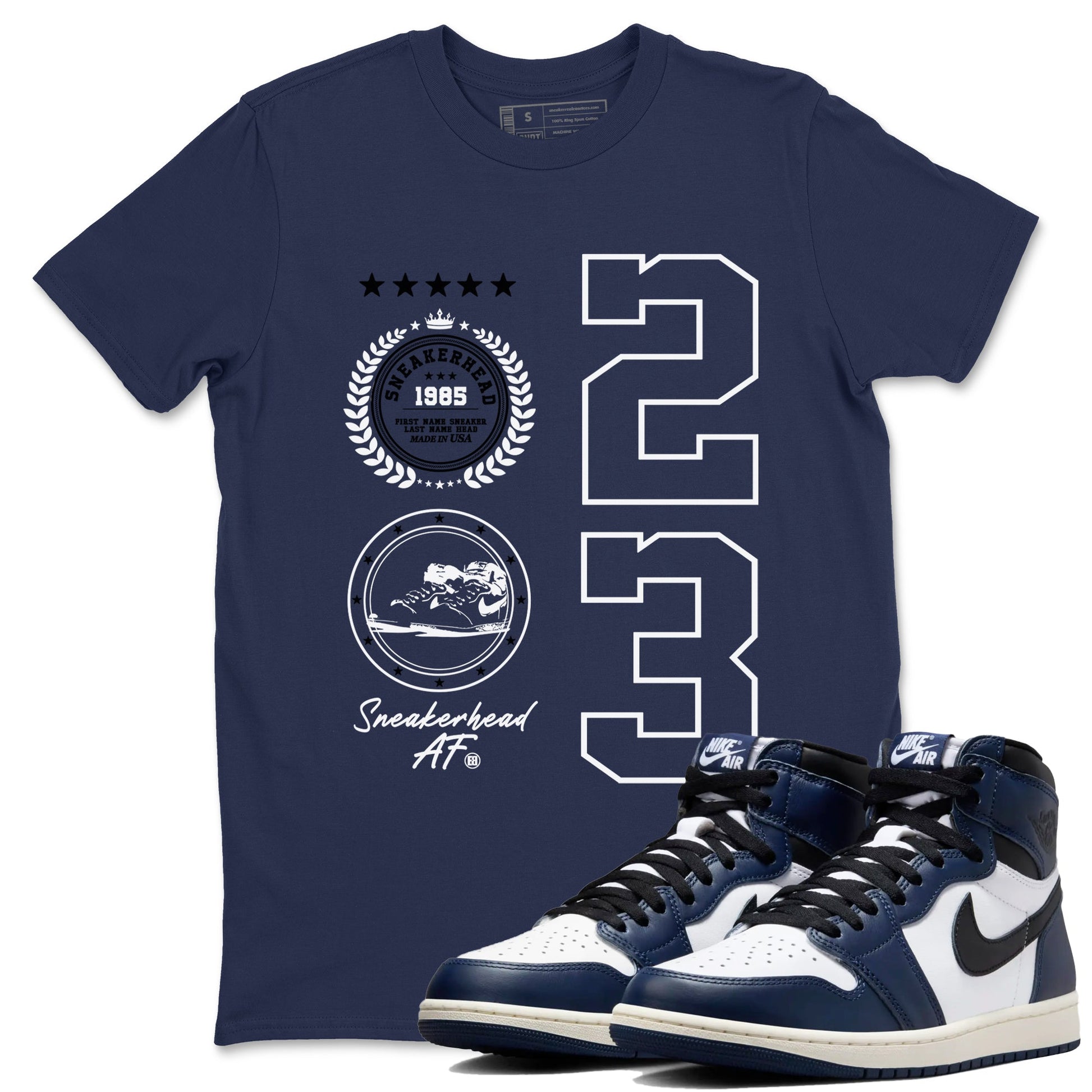 1s Midnight Navy shirts to match jordans Sneaker Emblem sneaker match tees Air Jordan 1 Midnight Navy match shoes to clothes SNRT Sneaker Tees unisex cotton Navy 1 shirts