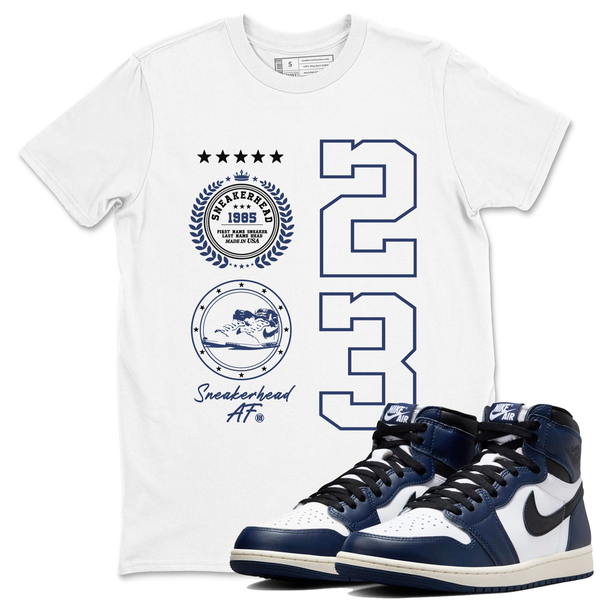 1s Midnight Navy shirts to match jordans Sneaker Emblem sneaker match tees Air Jordan 1 Midnight Navy match shoes to clothes SNRT Sneaker Tees unisex cotton White 1 shirts
