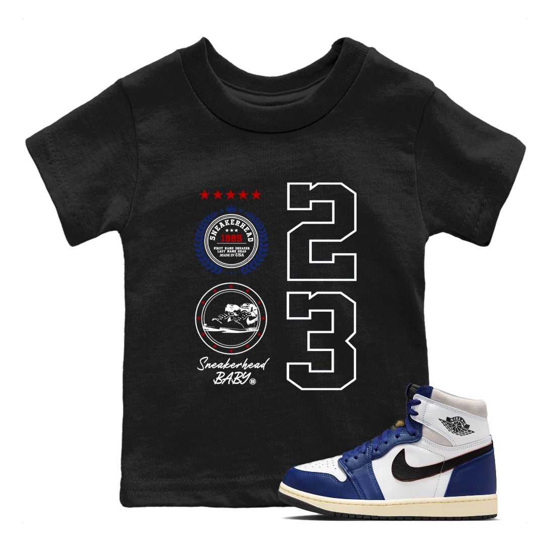 1s Rare Air shirts to match jordans Sneaker Emblem sneaker match tees Air Jordan 1 High OG Rare Air Deep Royal Blue match shoes to clothes SNRT Sneaker Tees Youth Baby Black 1 tee