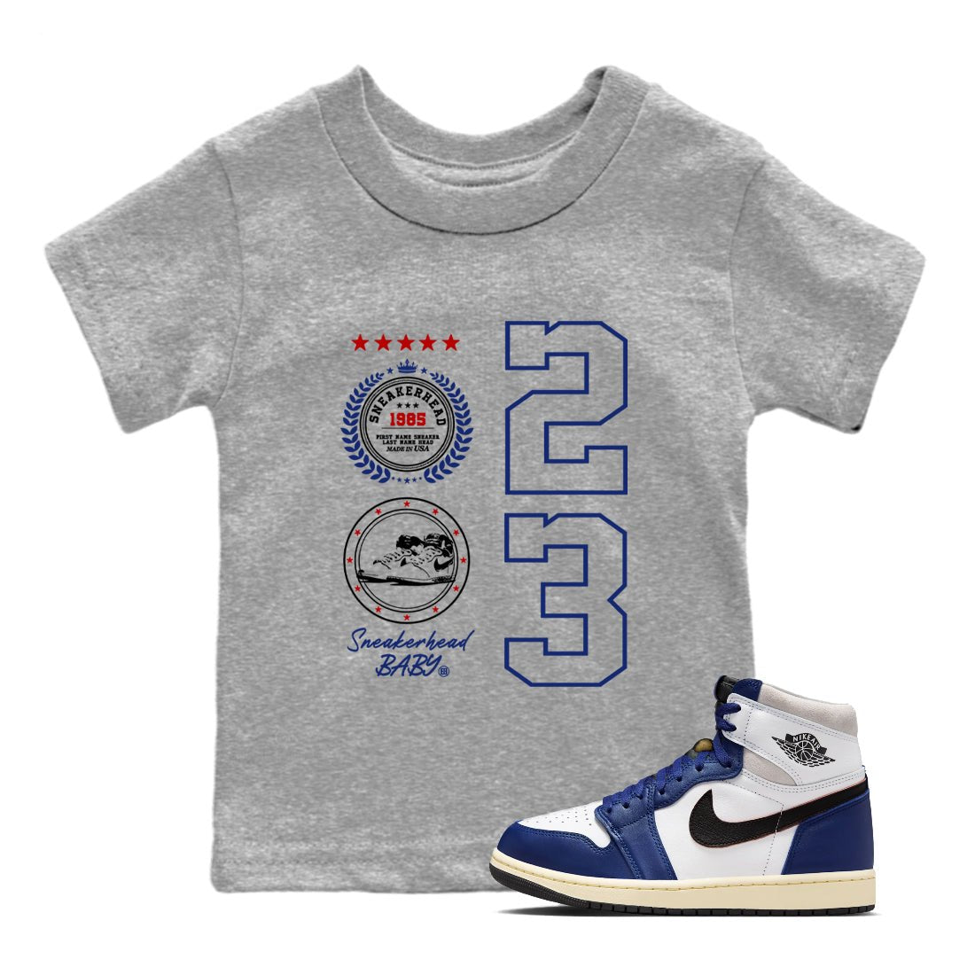 1s Rare Air shirts to match jordans Sneaker Emblem sneaker match tees Air Jordan 1 High OG Rare Air Deep Royal Blue match shoes to clothes SNRT Sneaker Tees Youth Baby Heather Grey 1 tee