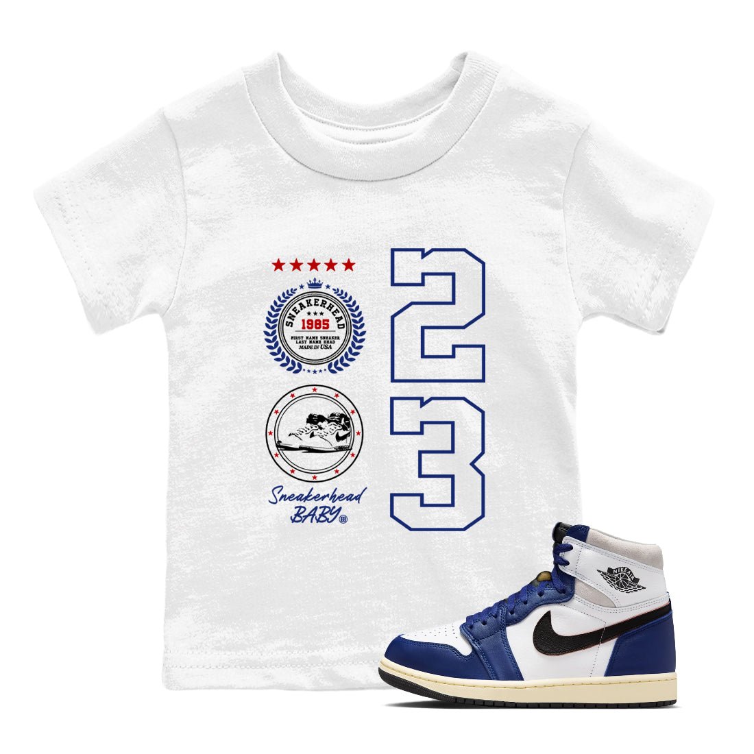 1s Rare Air shirts to match jordans Sneaker Emblem sneaker match tees Air Jordan 1 High OG Rare Air Deep Royal Blue match shoes to clothes SNRT Sneaker Tees Youth Baby White 1 tee