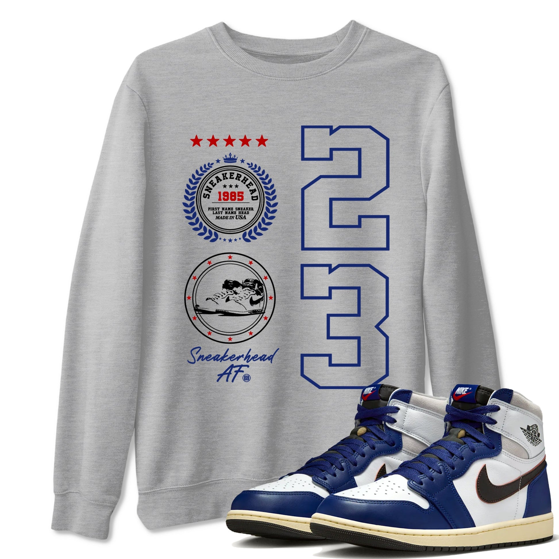 1s Rare Air shirts to match jordans Sneaker Emblem sneaker match tees Air Jordan 1 High OG Rare Air Deep Royal Blue match shoes to clothes SNRT Sneaker Tees unisex cotton Heather Grey 1 shirts