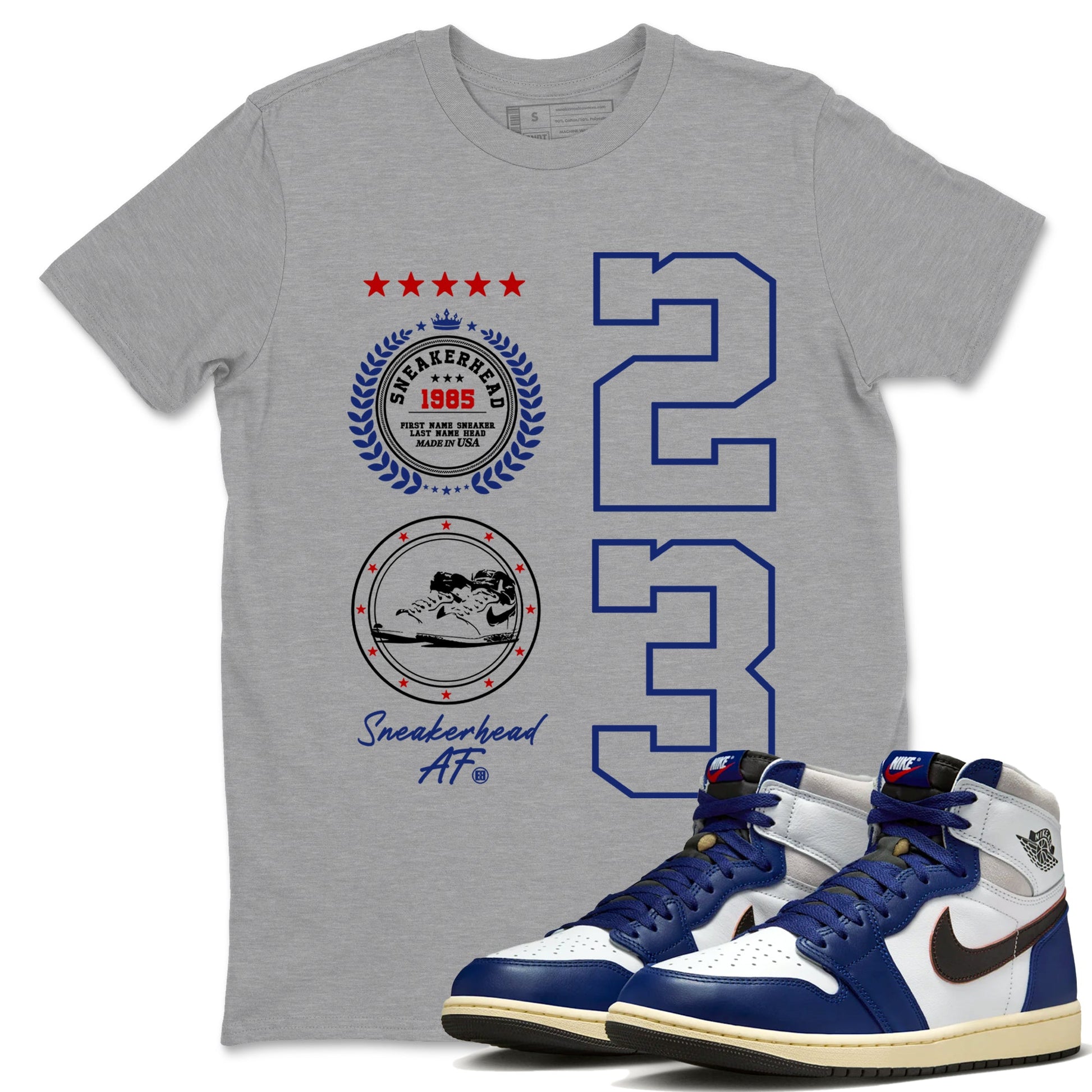 1s Rare Air shirts to match jordans Sneaker Emblem sneaker match tees Air Jordan 1 High OG Rare Air Deep Royal Blue match shoes to clothes SNRT Sneaker Tees unisex cotton Heather Grey 1 shirts
