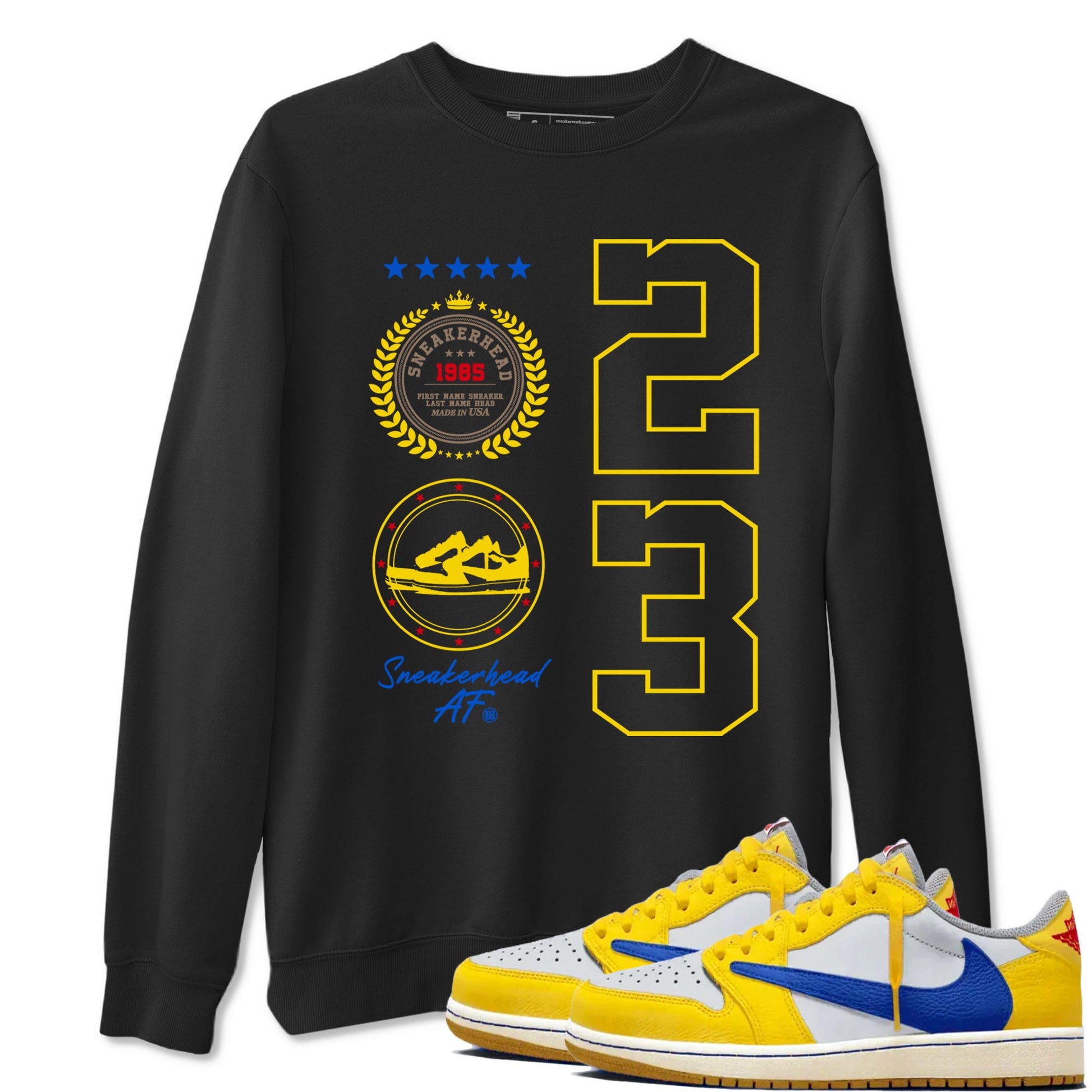 Air Jordan 1 Low x Travis Scott x Canary shirt to match jordans Sneaker Emblem sneaker tees AJ1 Travis Scott Canary Streetwear Brand SNRT Sneaker Tees unisex cotton Black 1 crew neck shirt