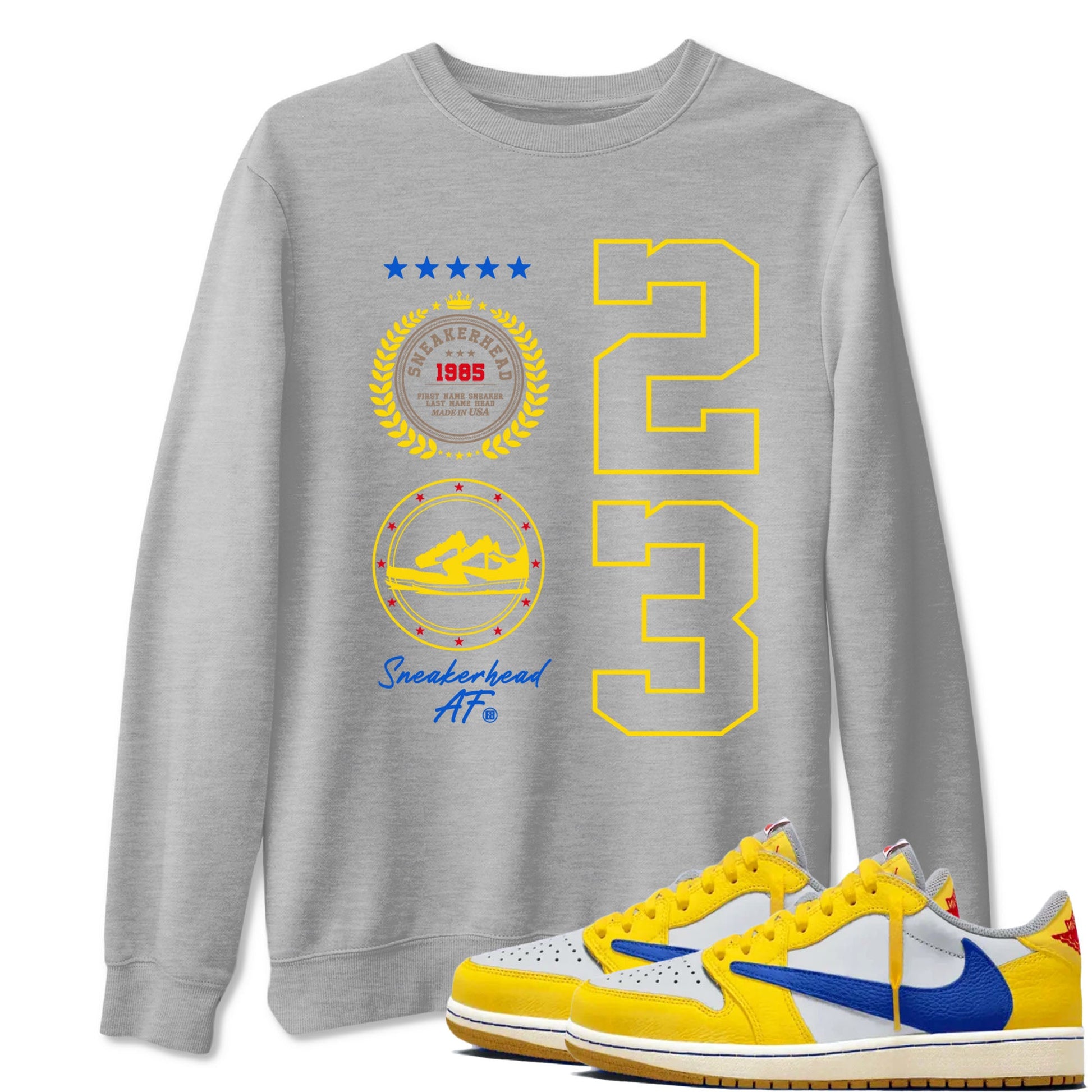 Air Jordan 1 Low x Travis Scott x Canary shirt to match jordans Sneaker Emblem sneaker tees AJ1 Travis Scott Canary Streetwear Brand SNRT Sneaker Tees unisex cotton Heather Grey 1 crew neck shirt