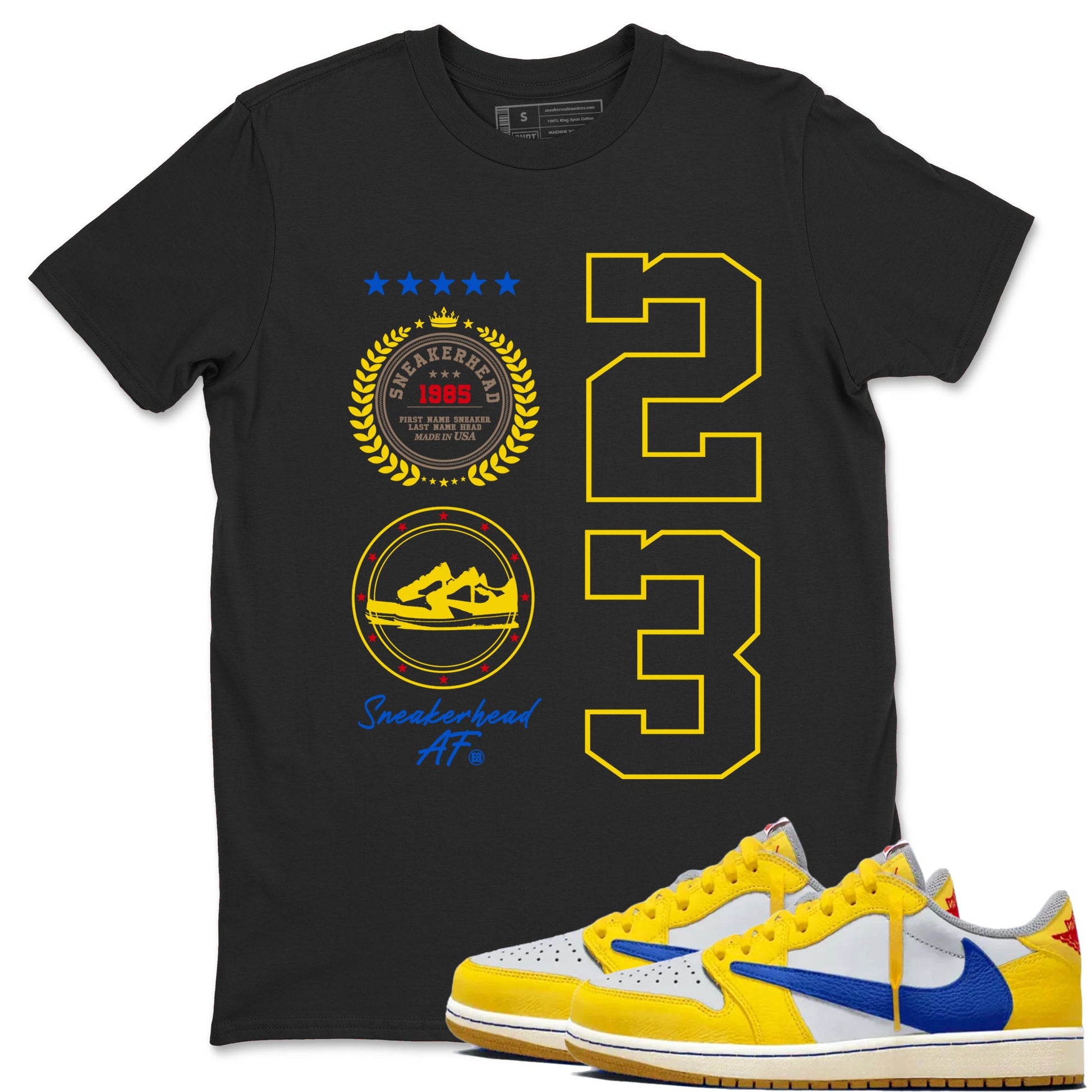Air Jordan 1 Low x Travis Scott x Canary shirt to match jordans Sneaker Emblem sneaker tees AJ1 Travis Scott Canary Streetwear Brand SNRT Sneaker Tees unisex cotton Black 1 crew neck shirt
