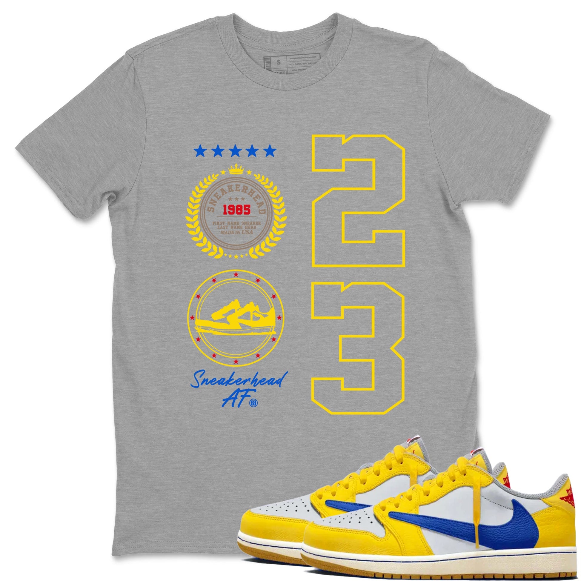 Air Jordan 1 Low x Travis Scott x Canary shirt to match jordans Sneaker Emblem sneaker tees AJ1 Travis Scott Canary Streetwear Brand SNRT Sneaker Tees unisex cotton Heather Grey 1 crew neck shirt