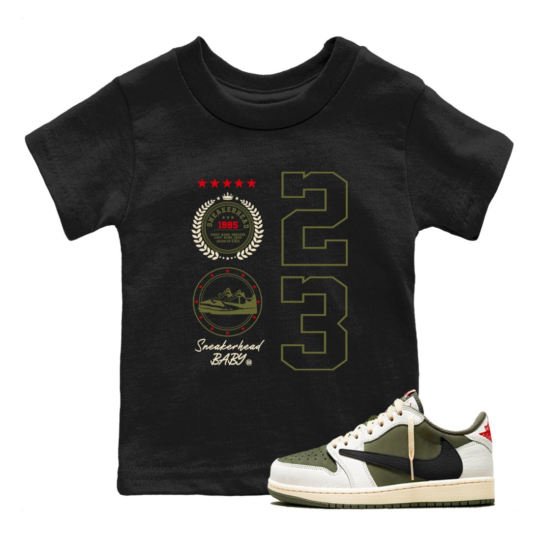 Travis Scott Medium Olive shirts to match jordans Sneaker Emblem sneaker match tees Air Jordan 1 Low x Travis Scott x Medium Olive SNRT Sneaker Release Tees Youth Baby Black 1 crew neck shirts