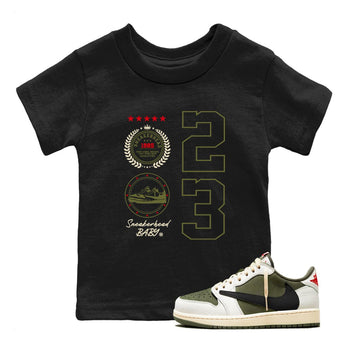 Travis Scott Medium Olive shirts to match jordans Sneaker Emblem sneaker match tees Air Jordan 1 Low x Travis Scott x Medium Olive SNRT Sneaker Release Tees Youth Baby Black 1 crew neck shirts