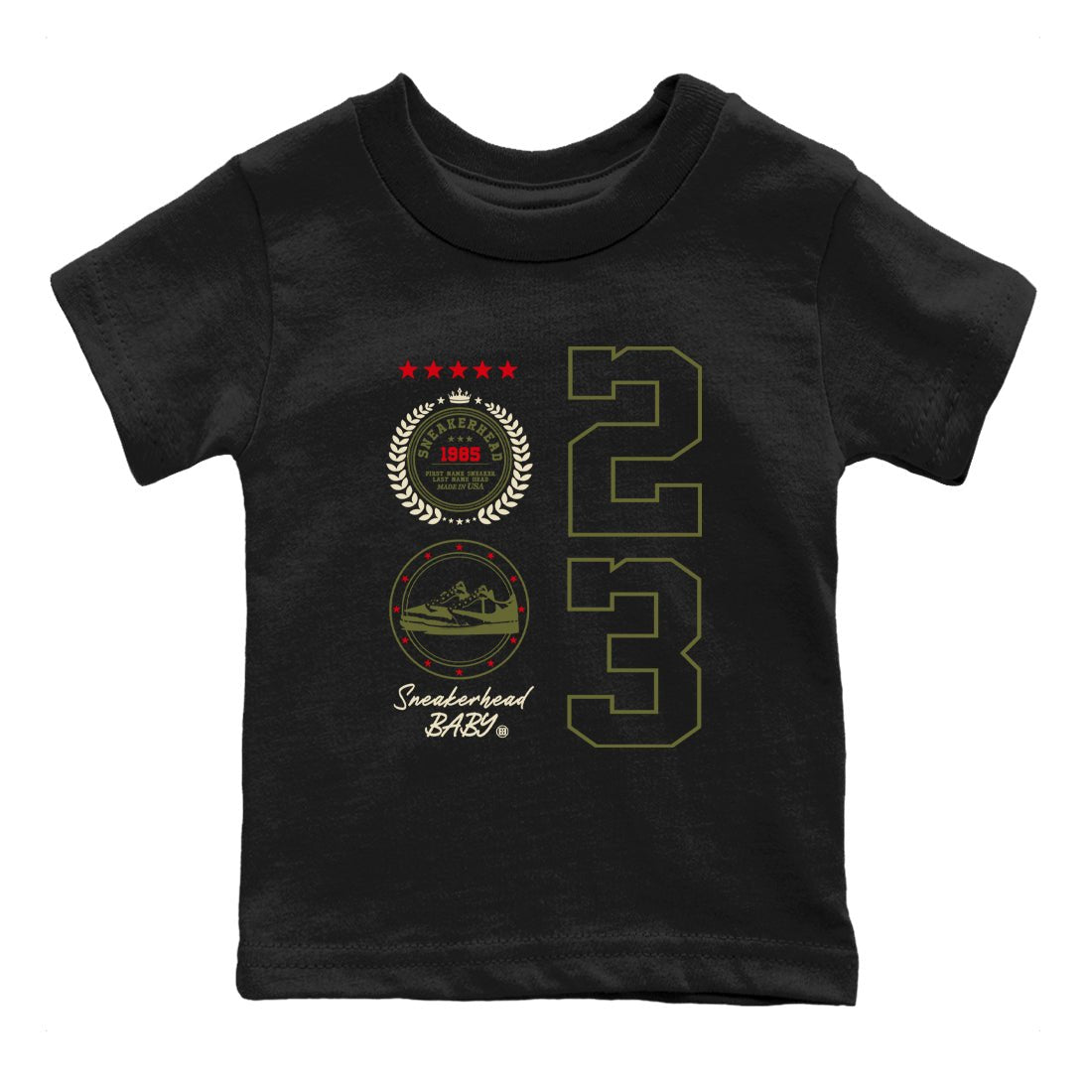 Travis Scott Medium Olive shirts to match jordans Sneaker Emblem sneaker match tees Air Jordan 1 Low x Travis Scott x Medium Olive SNRT Sneaker Release Tees Youth Baby Black 2 crew neck shirts