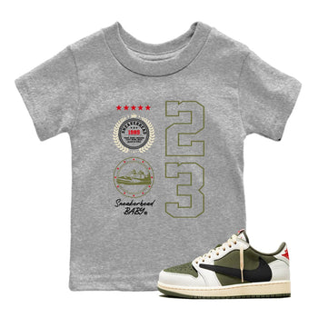 Travis Scott Medium Olive shirts to match jordans Sneaker Emblem sneaker match tees Air Jordan 1 Low x Travis Scott x Medium Olive SNRT Sneaker Release Tees Youth Baby Heather Grey 1 crew neck shirts
