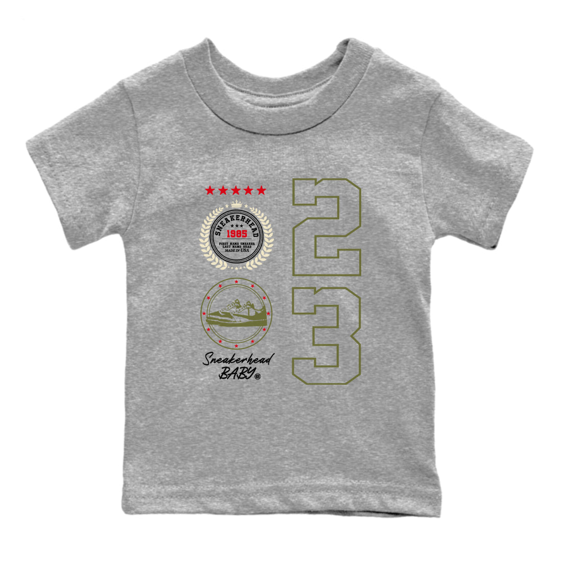 Travis Scott Medium Olive shirts to match jordans Sneaker Emblem sneaker match tees Air Jordan 1 Low x Travis Scott x Medium Olive SNRT Sneaker Release Tees Youth Baby Heather Grey 2 crew neck shirts