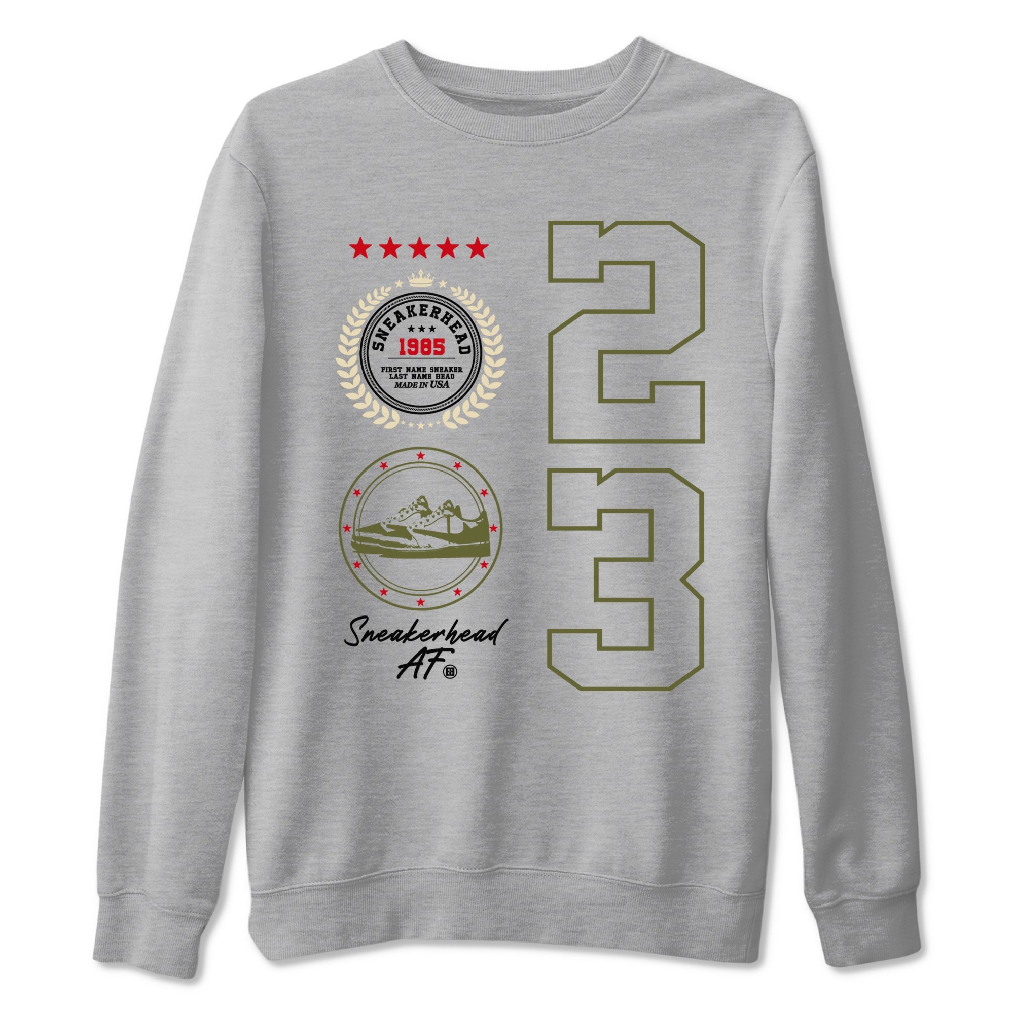 Travis Scott Medium Olive shirts to match jordans Sneaker Emblem sneaker match tees Air Jordan 1 Low x Travis Scott x Medium Olive SNRT Sneaker Release Tees unisex cotton Heather Grey 2 crew neck shirts