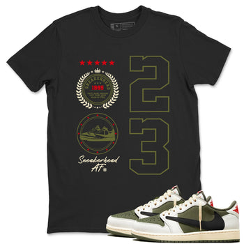 Travis Scott Medium Olive shirts to match jordans Sneaker Emblem sneaker match tees Air Jordan 1 Low x Travis Scott x Medium Olive SNRT Sneaker Release Tees unisex cotton Black 1 crew neck shirts