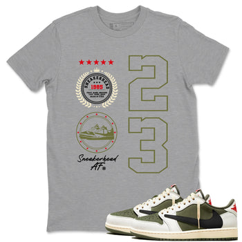 Travis Scott Medium Olive shirts to match jordans Sneaker Emblem sneaker match tees Air Jordan 1 Low x Travis Scott x Medium Olive SNRT Sneaker Release Tees unisex cotton Heather Grey 1 crew neck shirts