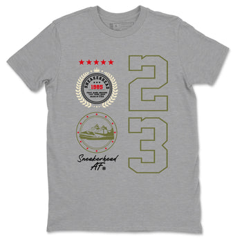 Travis Scott Medium Olive shirts to match jordans Sneaker Emblem sneaker match tees Air Jordan 1 Low x Travis Scott x Medium Olive SNRT Sneaker Release Tees unisex cotton Heather Grey 2 crew neck shirts