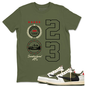 Travis Scott Medium Olive shirts to match jordans Sneaker Emblem sneaker match tees Air Jordan 1 Low x Travis Scott x Medium Olive SNRT Sneaker Release Tees unisex cotton Military Green 1 crew neck shirts