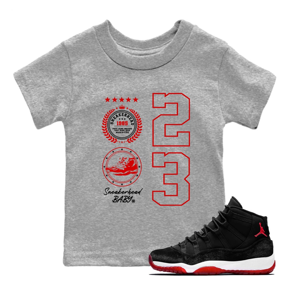 11s Bred Velvet shirts to match jordans Sneaker Emblem sneaker match tees Air Jordan 11 Retro Bred Velvet match shoes to clothes SNRT Sneaker Tees Youth Baby Heather Grey 1 tee