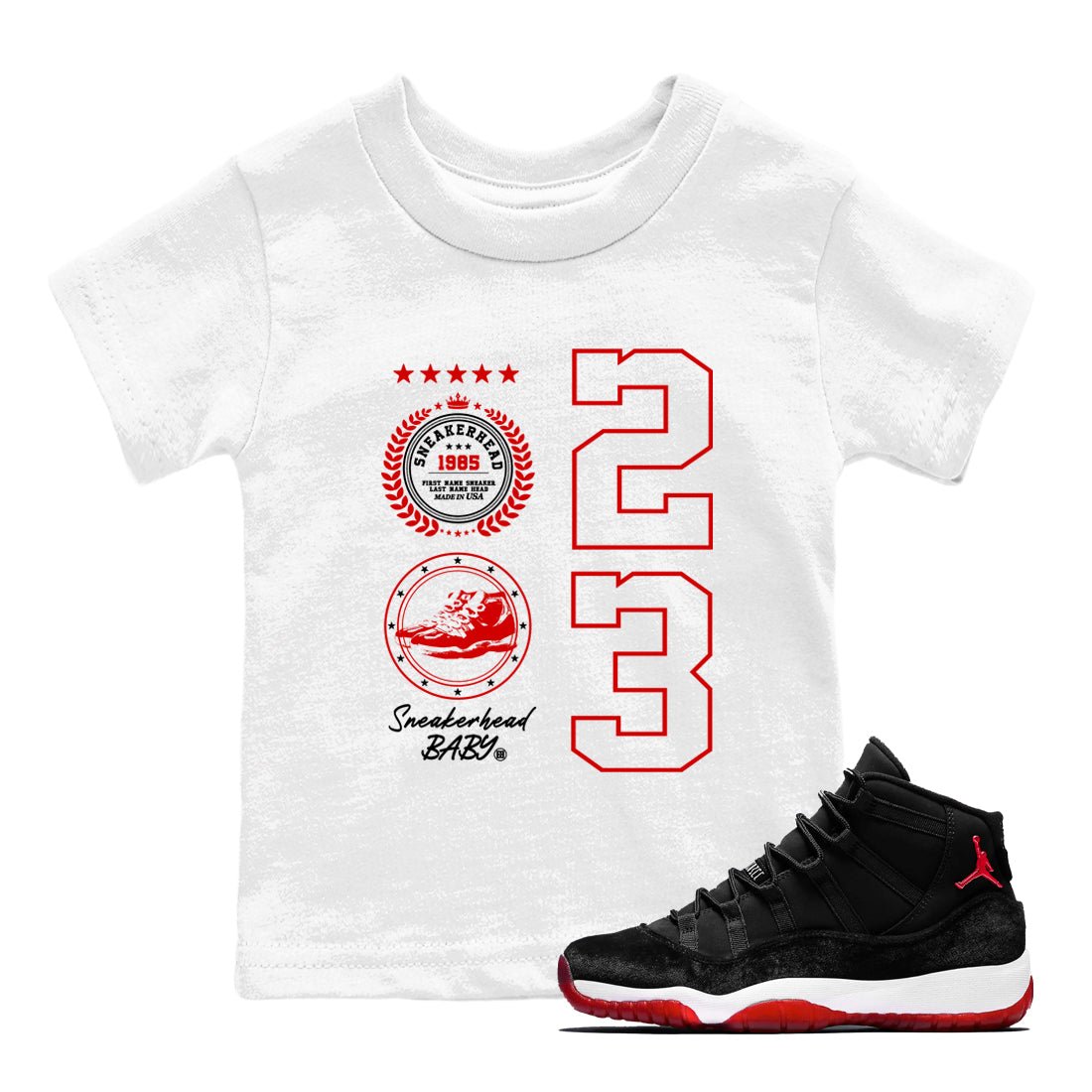 11s Bred Velvet shirts to match jordans Sneaker Emblem sneaker match tees Air Jordan 11 Retro Bred Velvet match shoes to clothes SNRT Sneaker Tees Youth Baby White 1 tee
