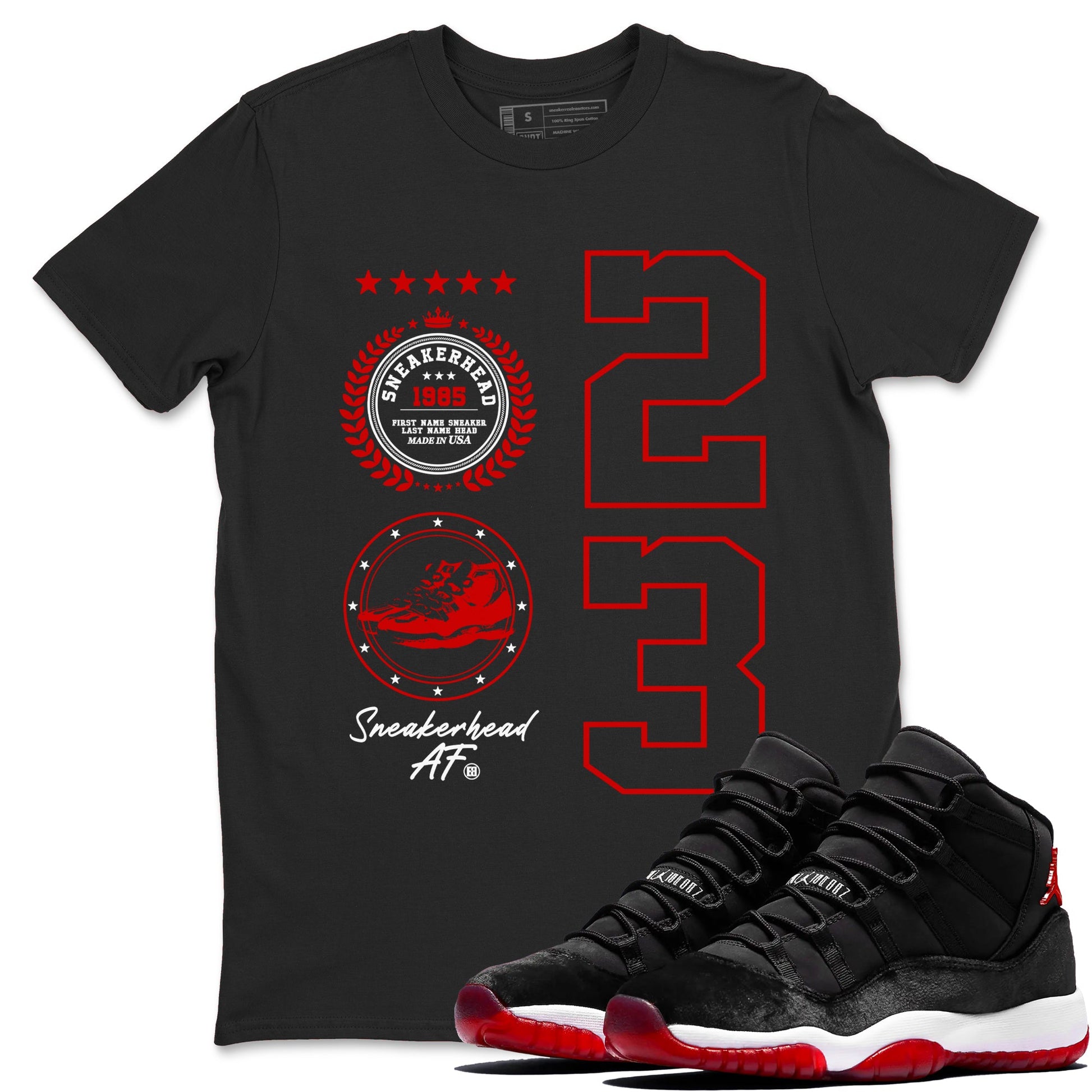 11s Bred Velvet shirts to match jordans Sneaker Emblem sneaker match tees Air Jordan 11 Retro Bred Velvet match shoes to clothes SNRT Sneaker Tees unisex cotton Black 1 shirts