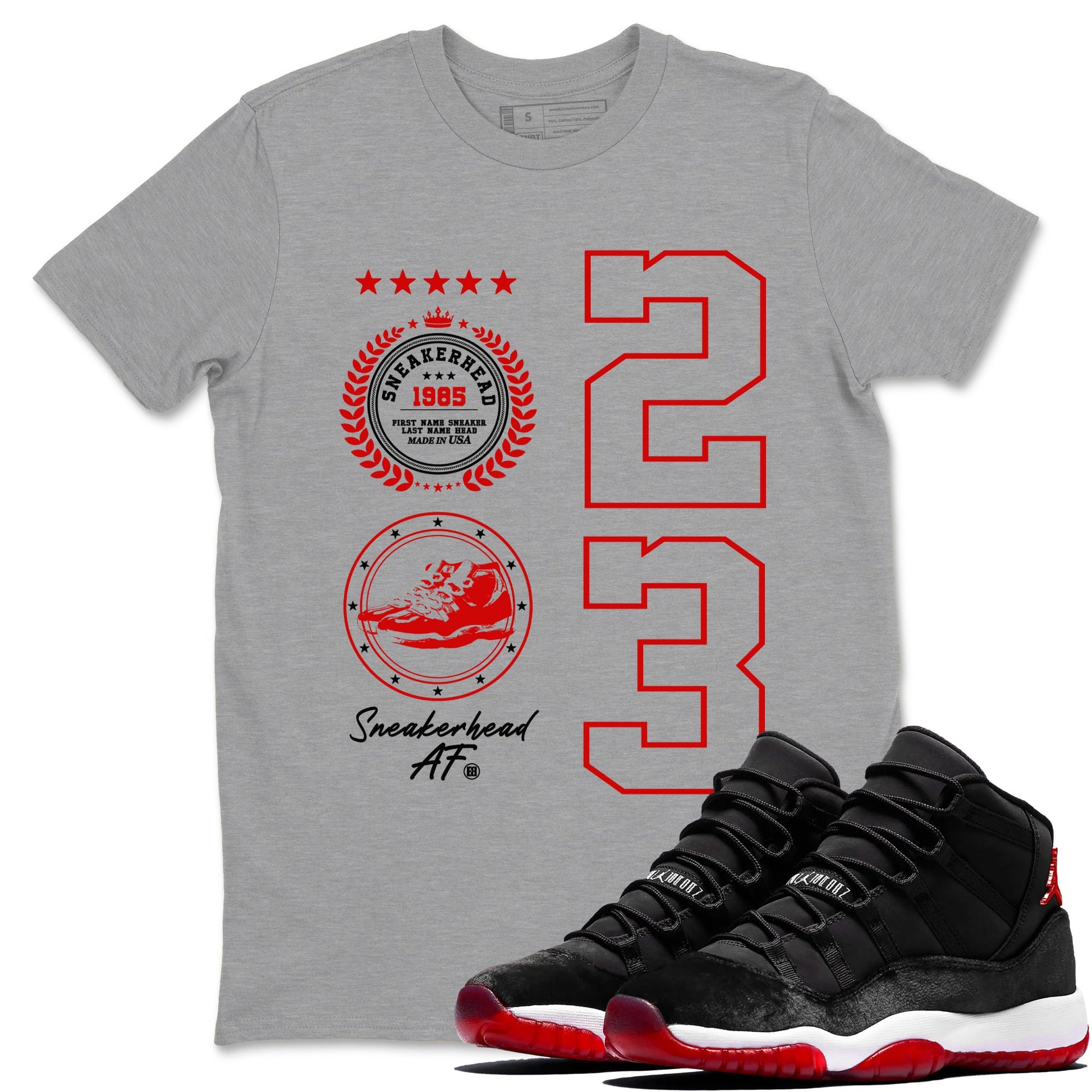 11s Bred Velvet shirts to match jordans Sneaker Emblem sneaker match tees Air Jordan 11 Retro Bred Velvet match shoes to clothes SNRT Sneaker Tees unisex cotton Heather Grey 1 shirts