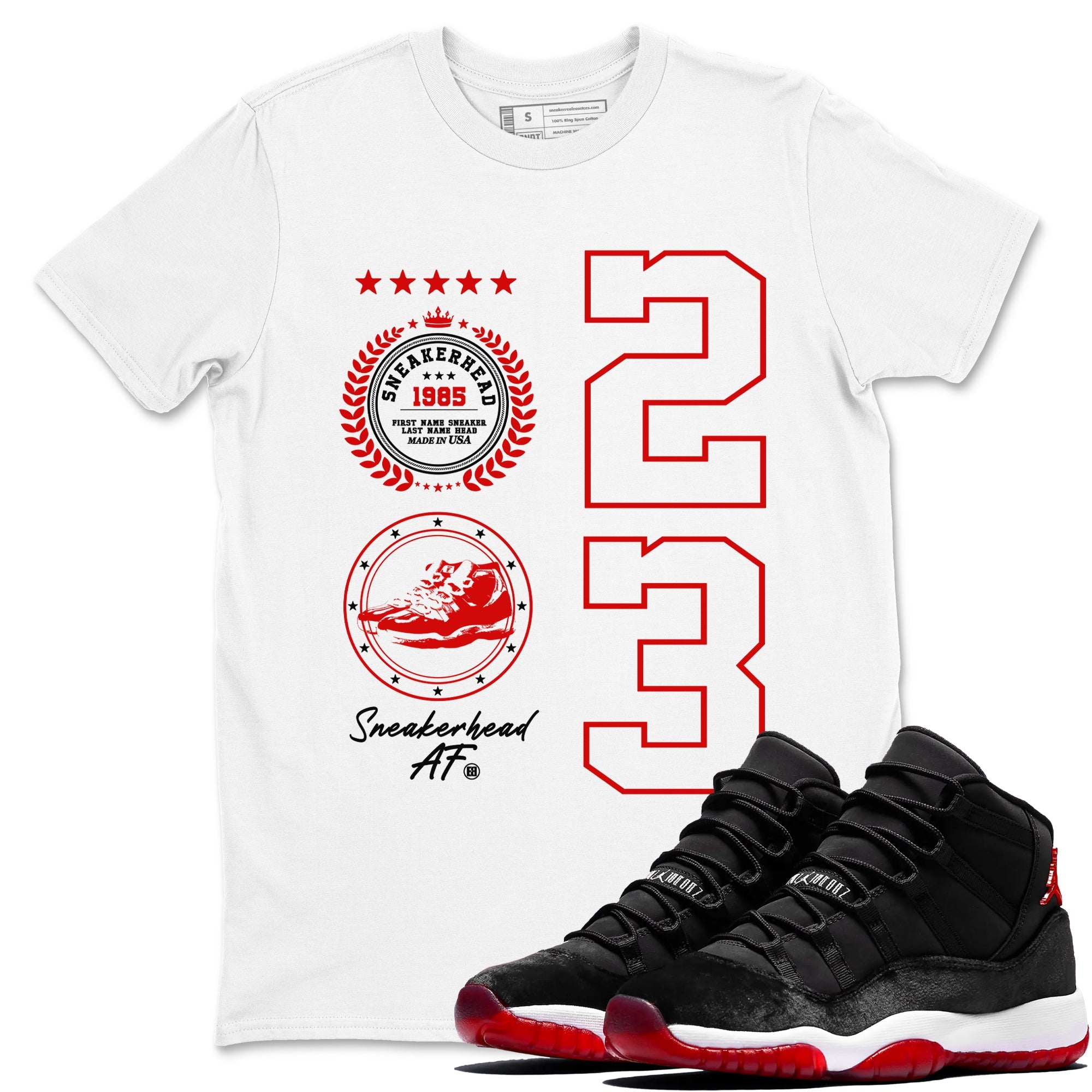 11s Bred Velvet shirts to match jordans Sneaker Emblem sneaker match tees Air Jordan 11 Retro Bred Velvet match shoes to clothes SNRT Sneaker Tees unisex cotton White 1 shirts