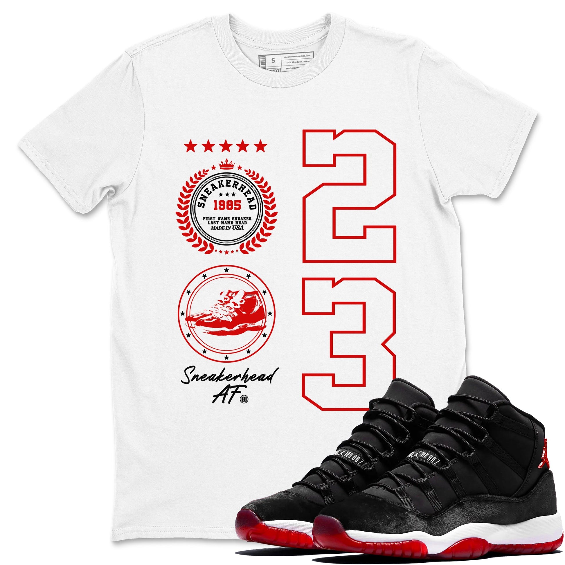 11s Bred Velvet shirts to match jordans Sneaker Emblem sneaker match tees Air Jordan 11 Retro Bred Velvet match shoes to clothes SNRT Sneaker Tees unisex cotton White 1 shirts