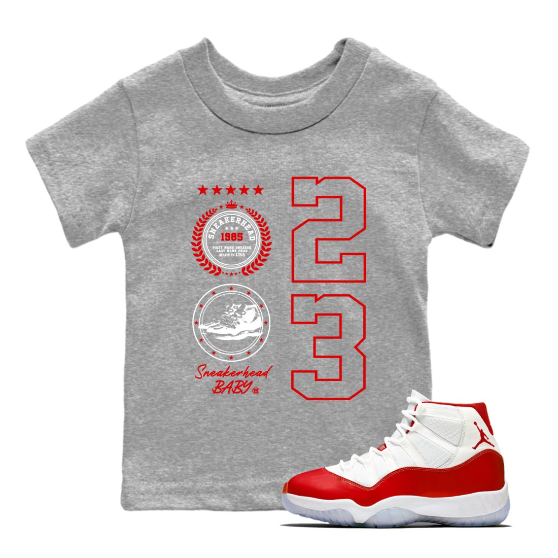 11s Cherry shirts to match jordans Sneaker Emblem sneaker match tees Air Jordan 11 Retro Cherry match shoes to clothes SNRT Sneaker Tees Youth Baby Heather Grey 1 tee