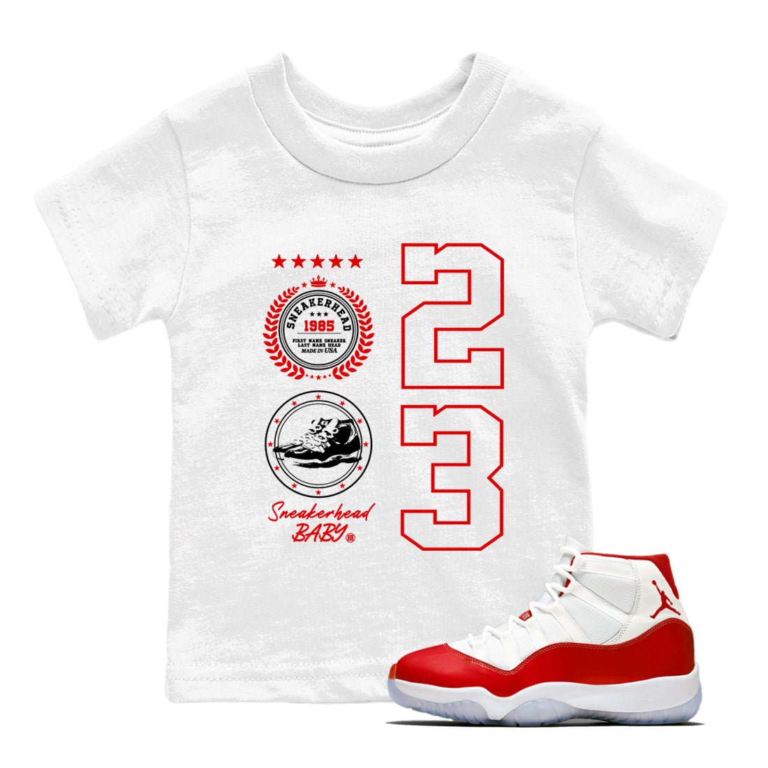11s Cherry shirts to match jordans Sneaker Emblem sneaker match tees Air Jordan 11 Retro Cherry match shoes to clothes SNRT Sneaker Tees Youth Baby White 1 tee